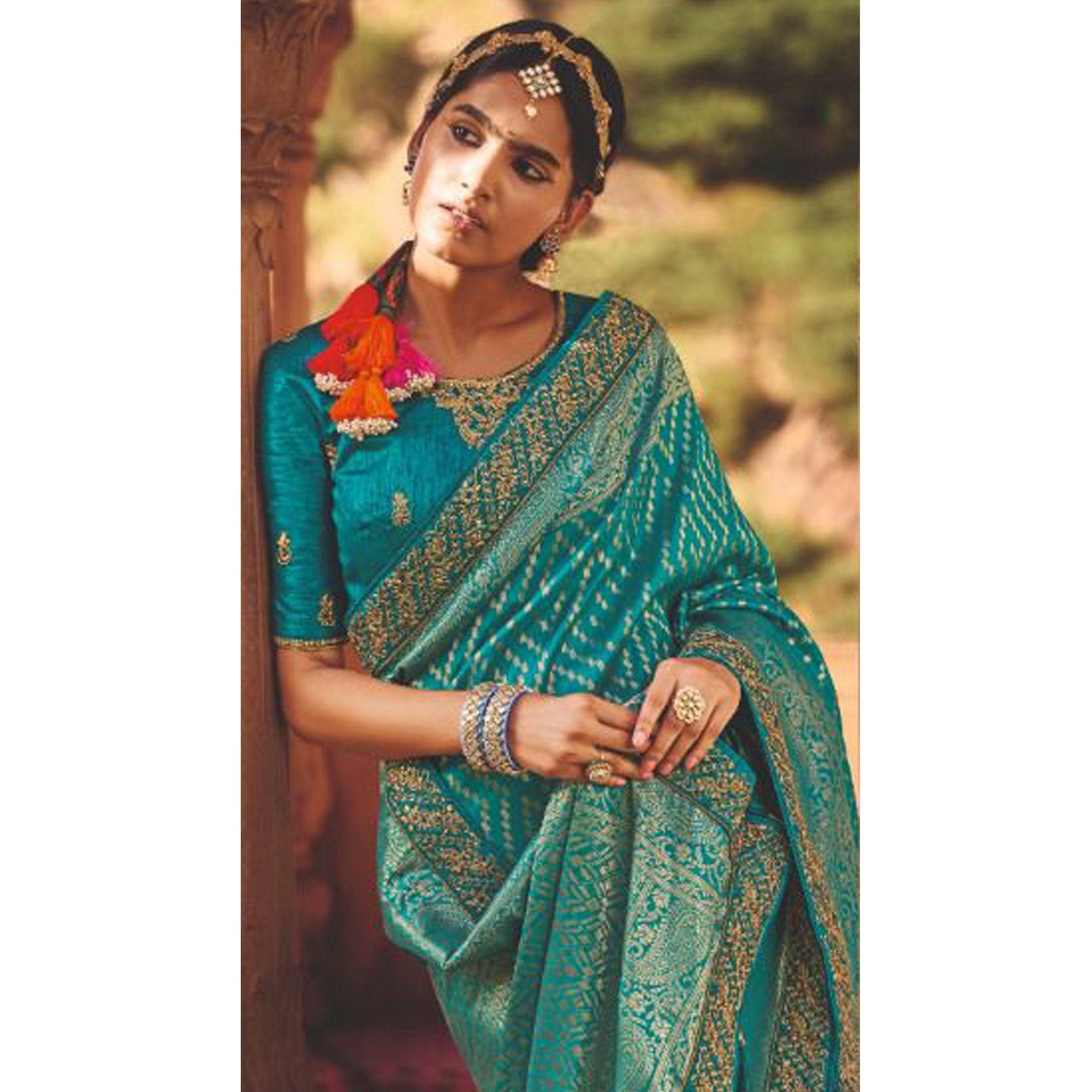 Teal Blue Festive Wear Woven Poly Silk Saree - Peachmode