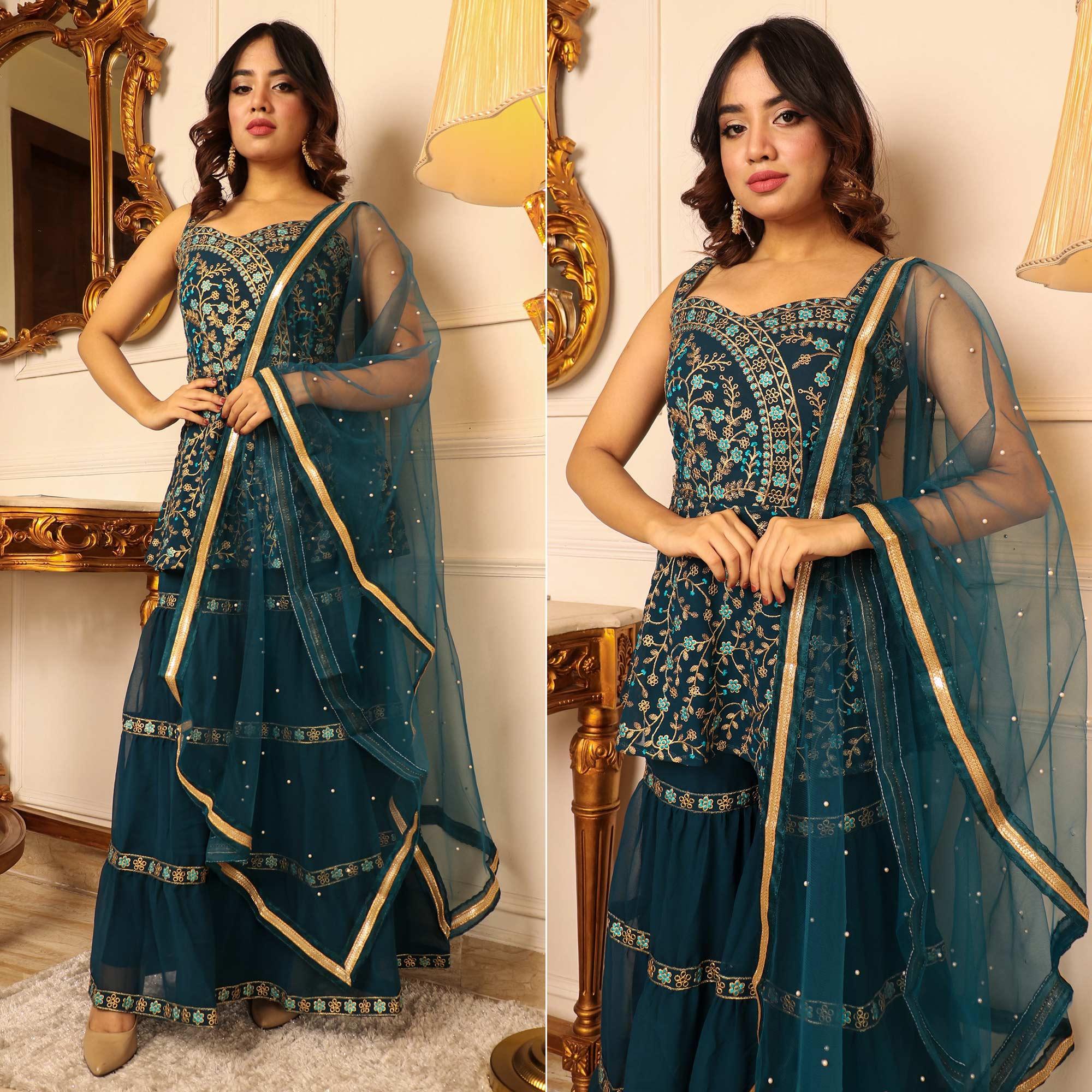 Teal Blue Floral Embroidered Georgette Sharara Suit - Peachmode
