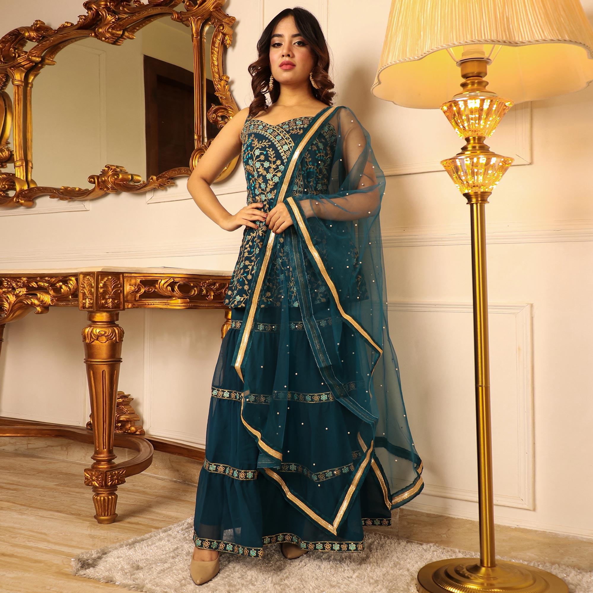 Teal Blue Floral Embroidered Georgette Sharara Suit