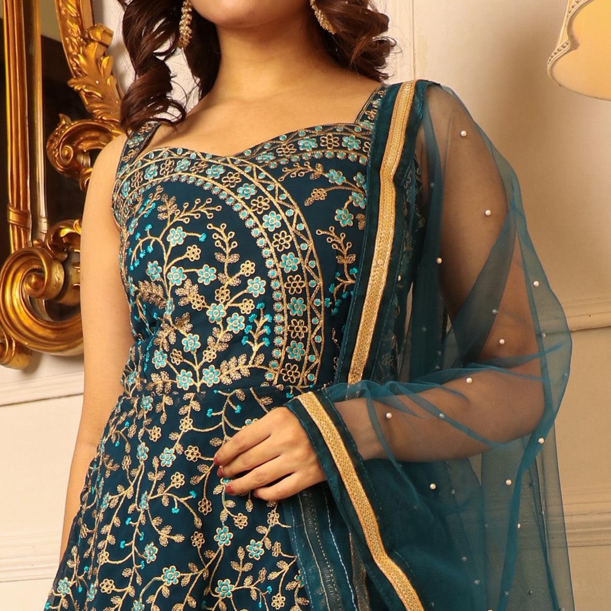 Teal Blue Floral Embroidered Georgette Sharara Suit - Peachmode