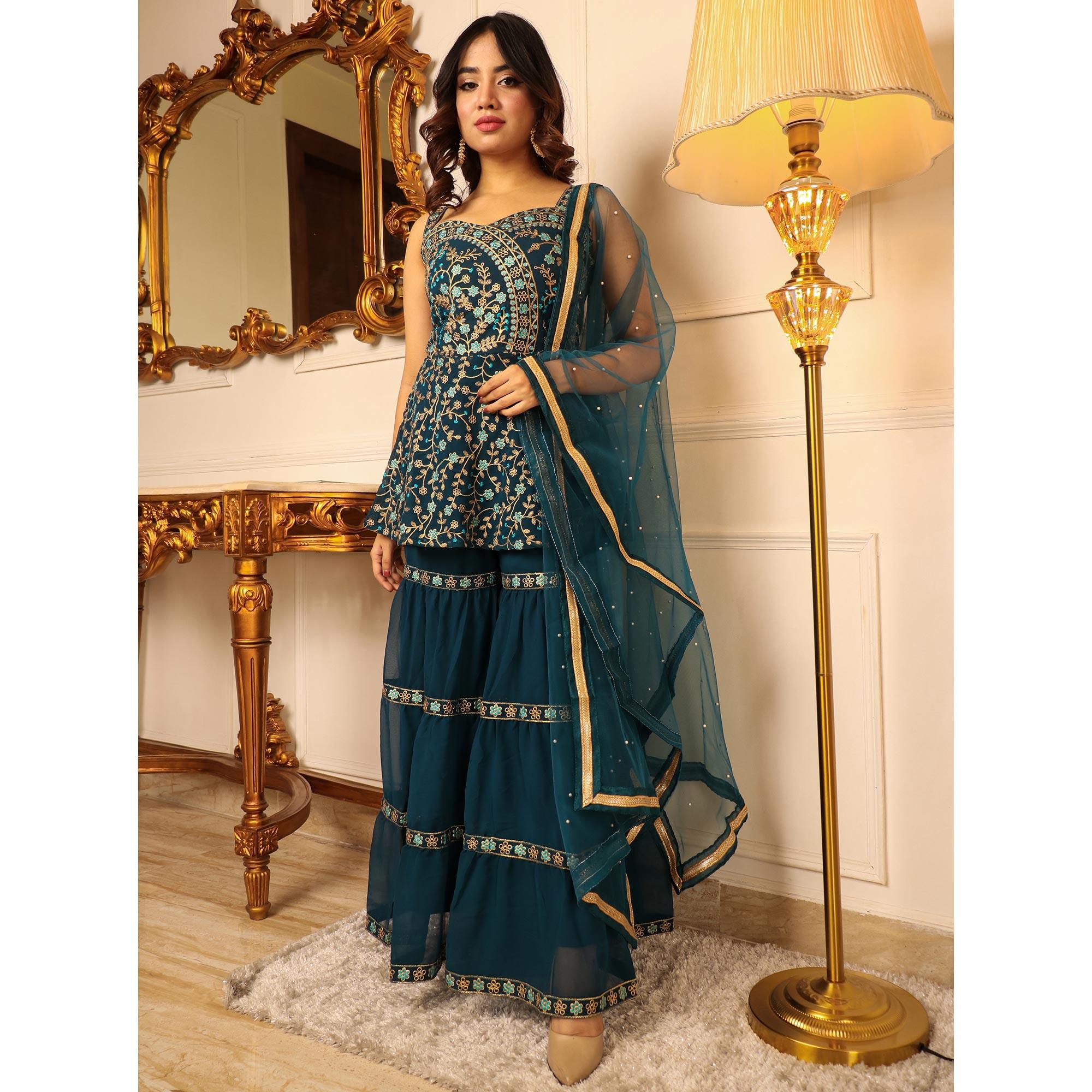 Teal Blue Floral Embroidered Georgette Sharara Suit - Peachmode