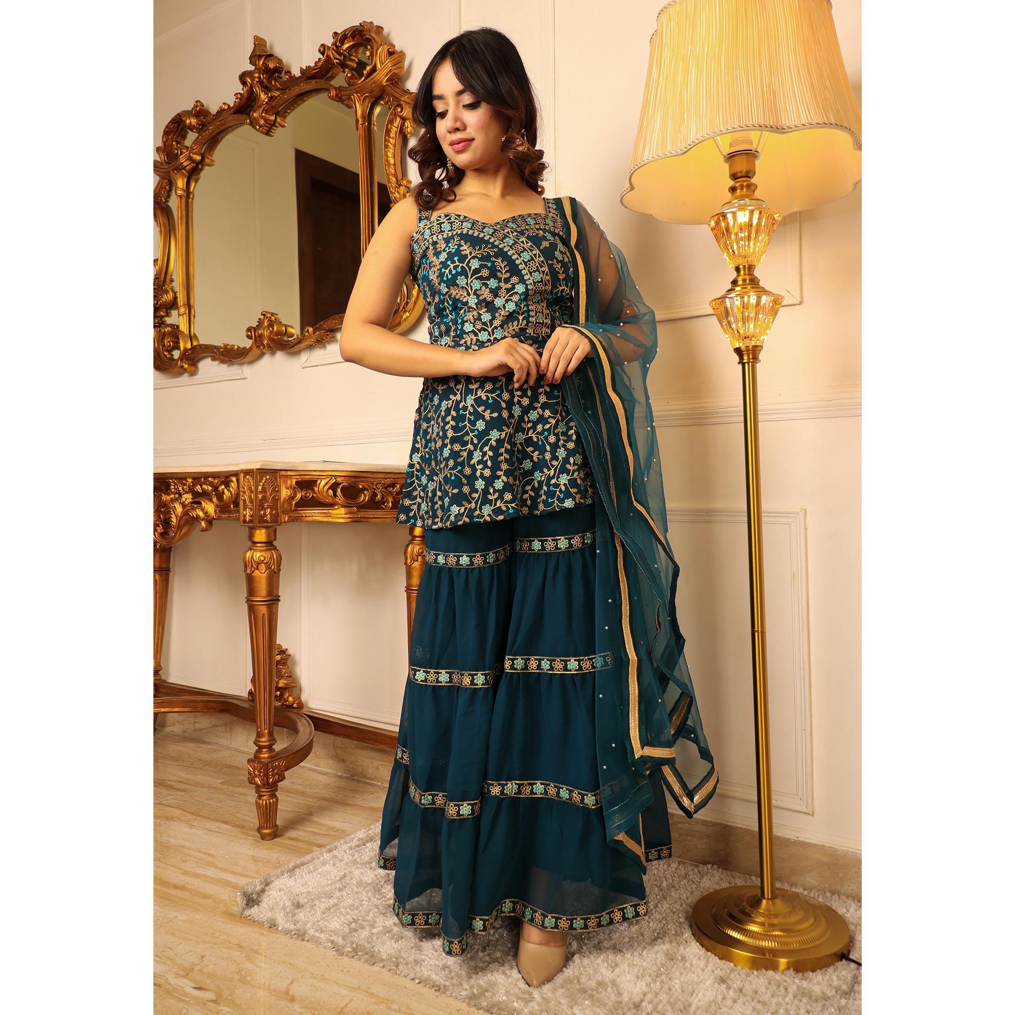 Teal Blue Floral Embroidered Georgette Sharara Suit - Peachmode