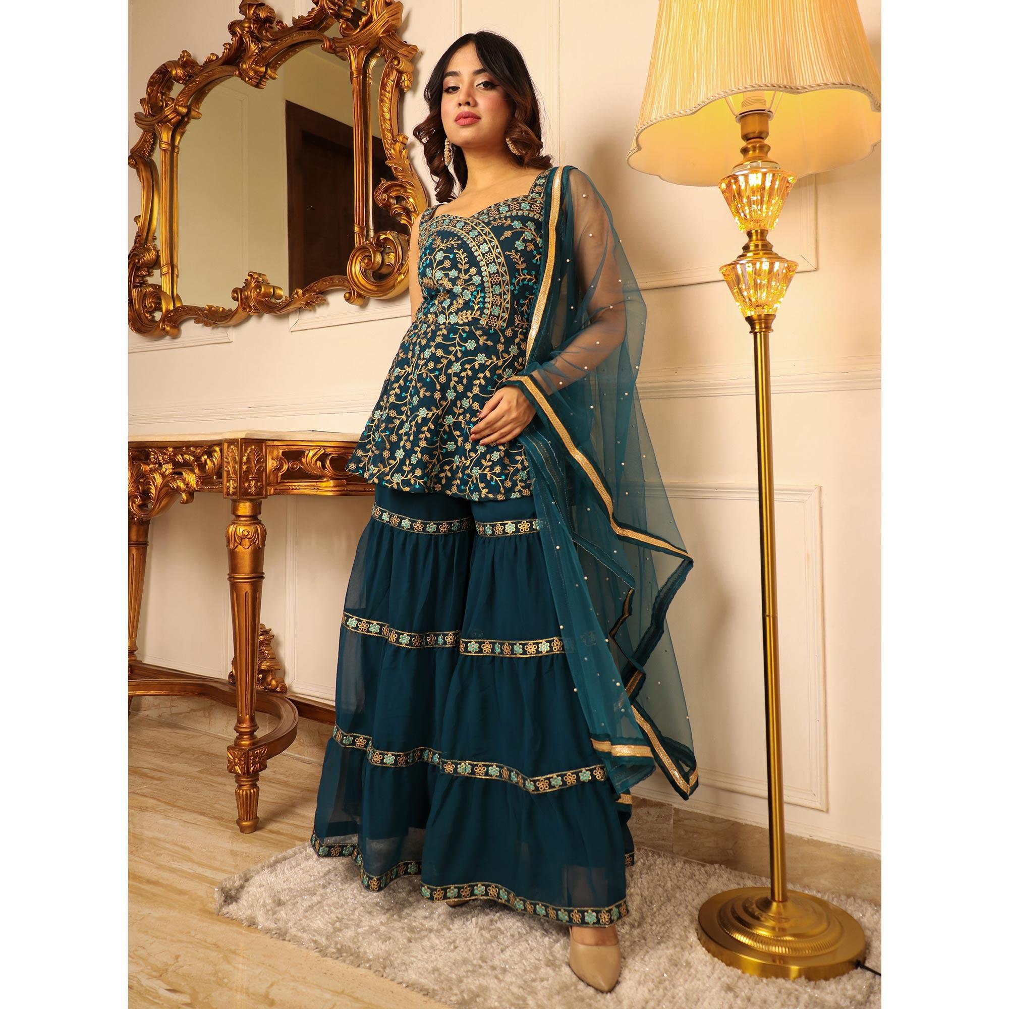 Teal Blue Floral Embroidered Georgette Sharara Suit - Peachmode