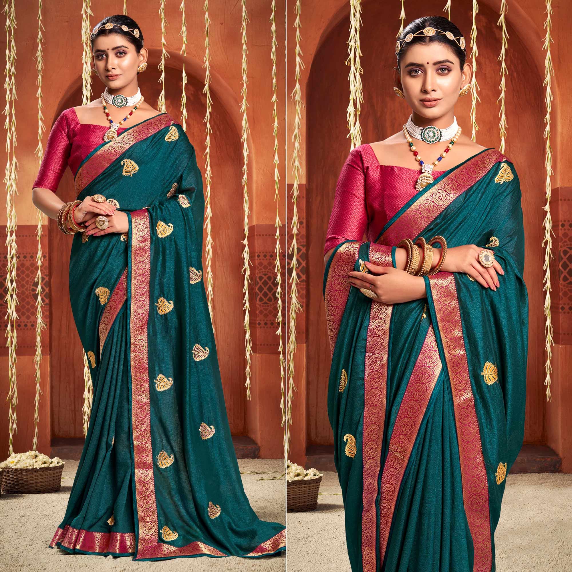 Teal Blue Floral Embroidered Vichitra Silk Saree - Peachmode