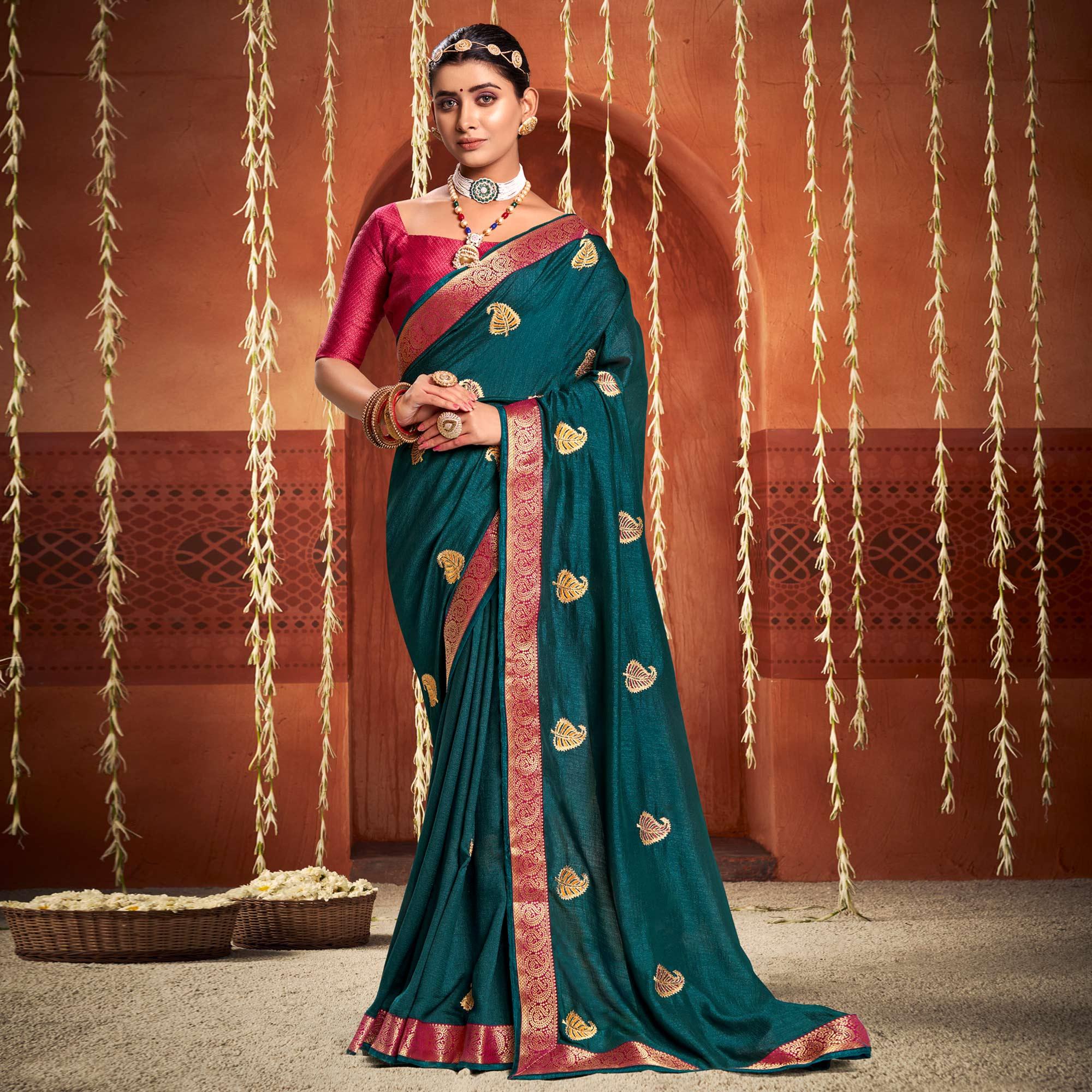 Teal Blue Floral Embroidered Vichitra Silk Saree - Peachmode