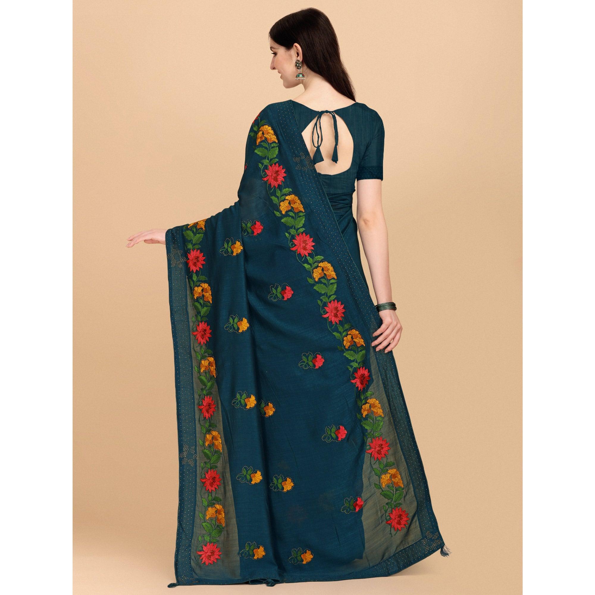 Teal Blue Floral Embroidered With Stonework Vichitra Silk Saree - Peachmode