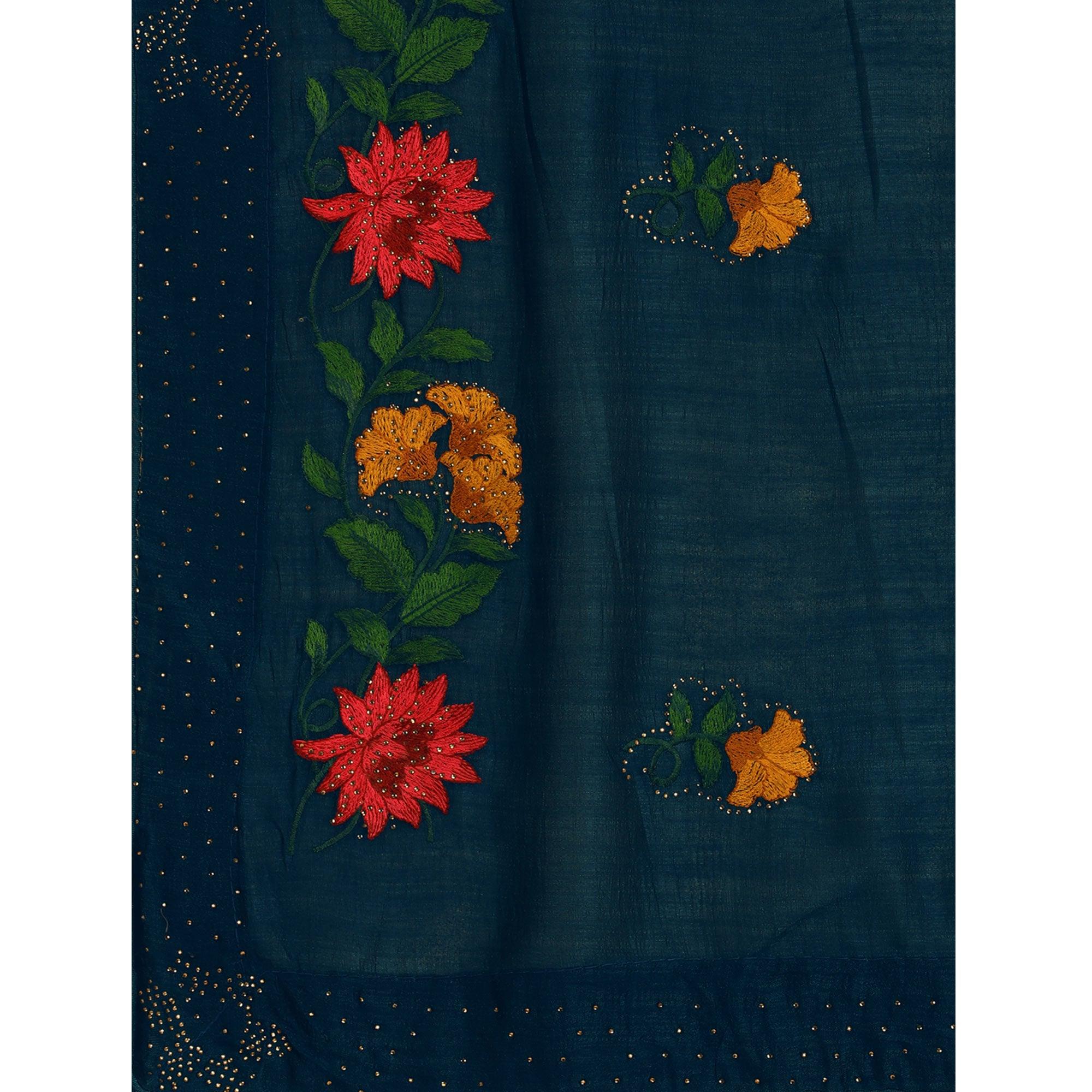 Teal Blue Floral Embroidered With Stonework Vichitra Silk Saree - Peachmode