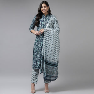 Teal Blue Floral Printed Pure Cotton Salwar Suit - Peachmode