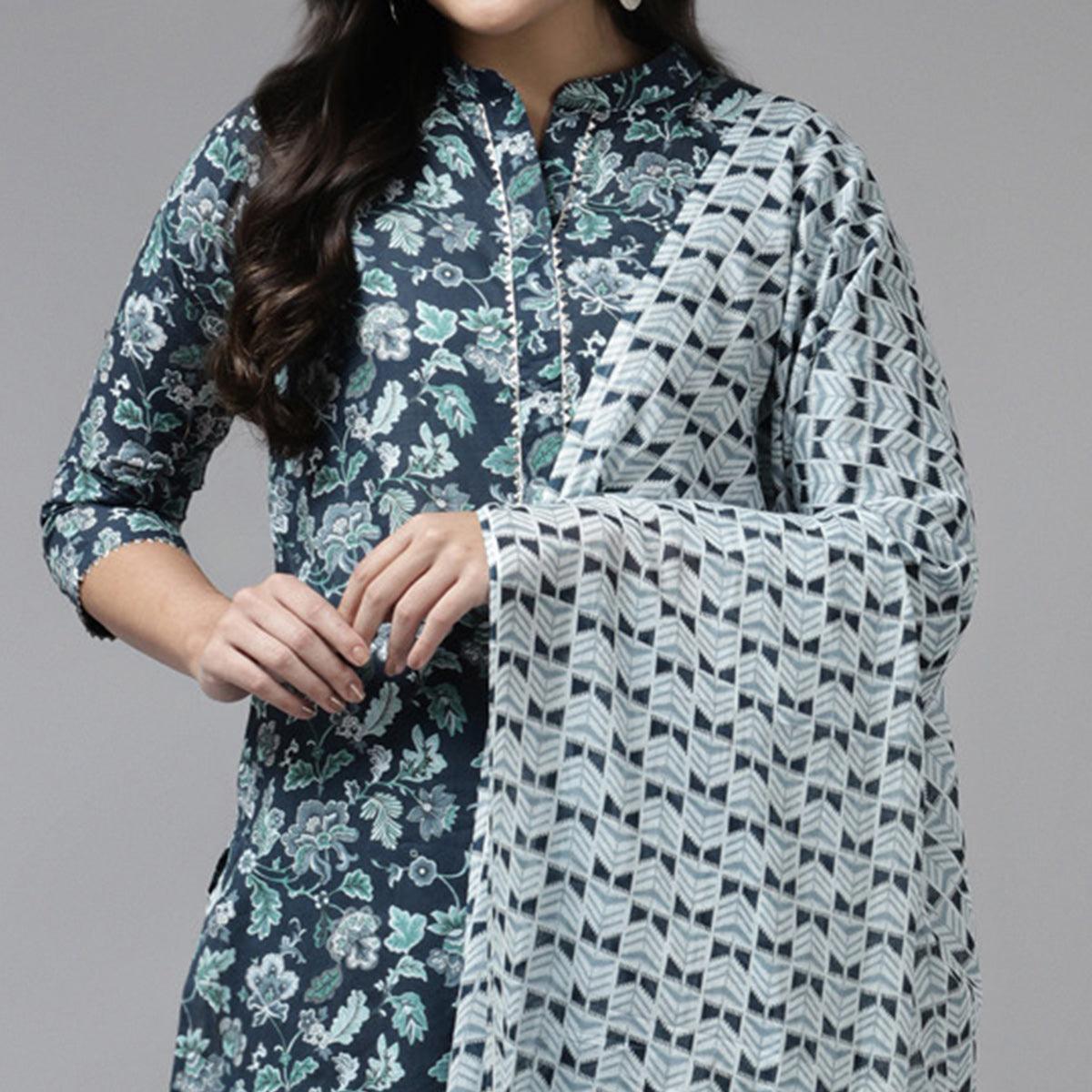 Teal Blue Floral Printed Pure Cotton Salwar Suit - Peachmode