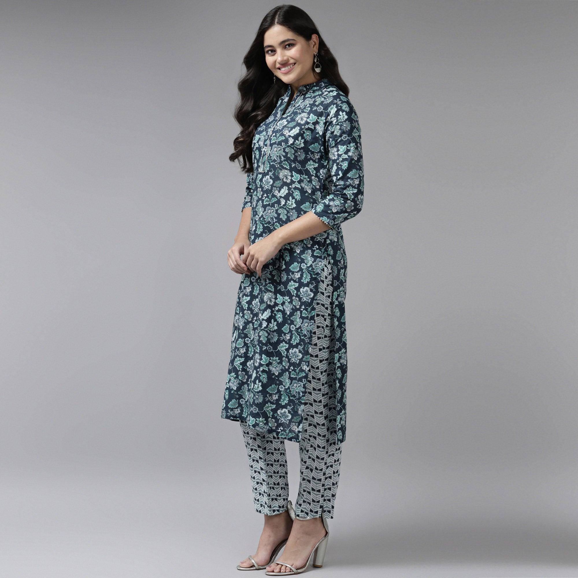 Teal Blue Floral Printed Pure Cotton Salwar Suit - Peachmode