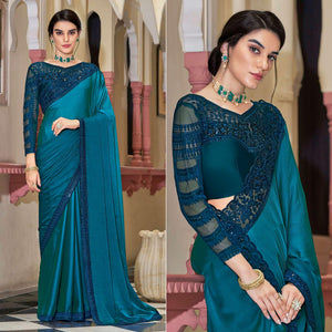 Teal Blue Floral Sequence Embroidered Art Silk Saree - Peachmode