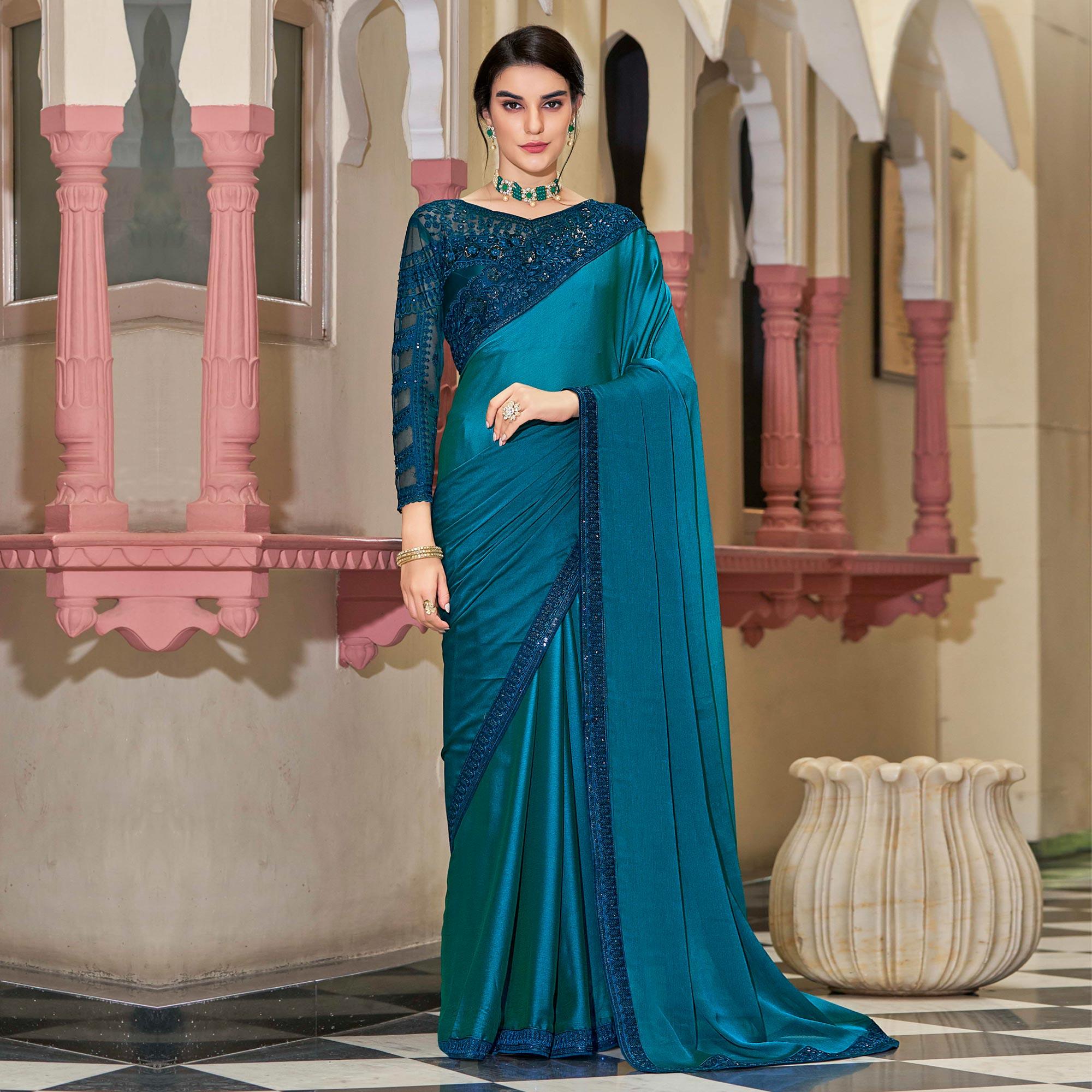 Teal Blue Floral Sequence Embroidered Art Silk Saree - Peachmode