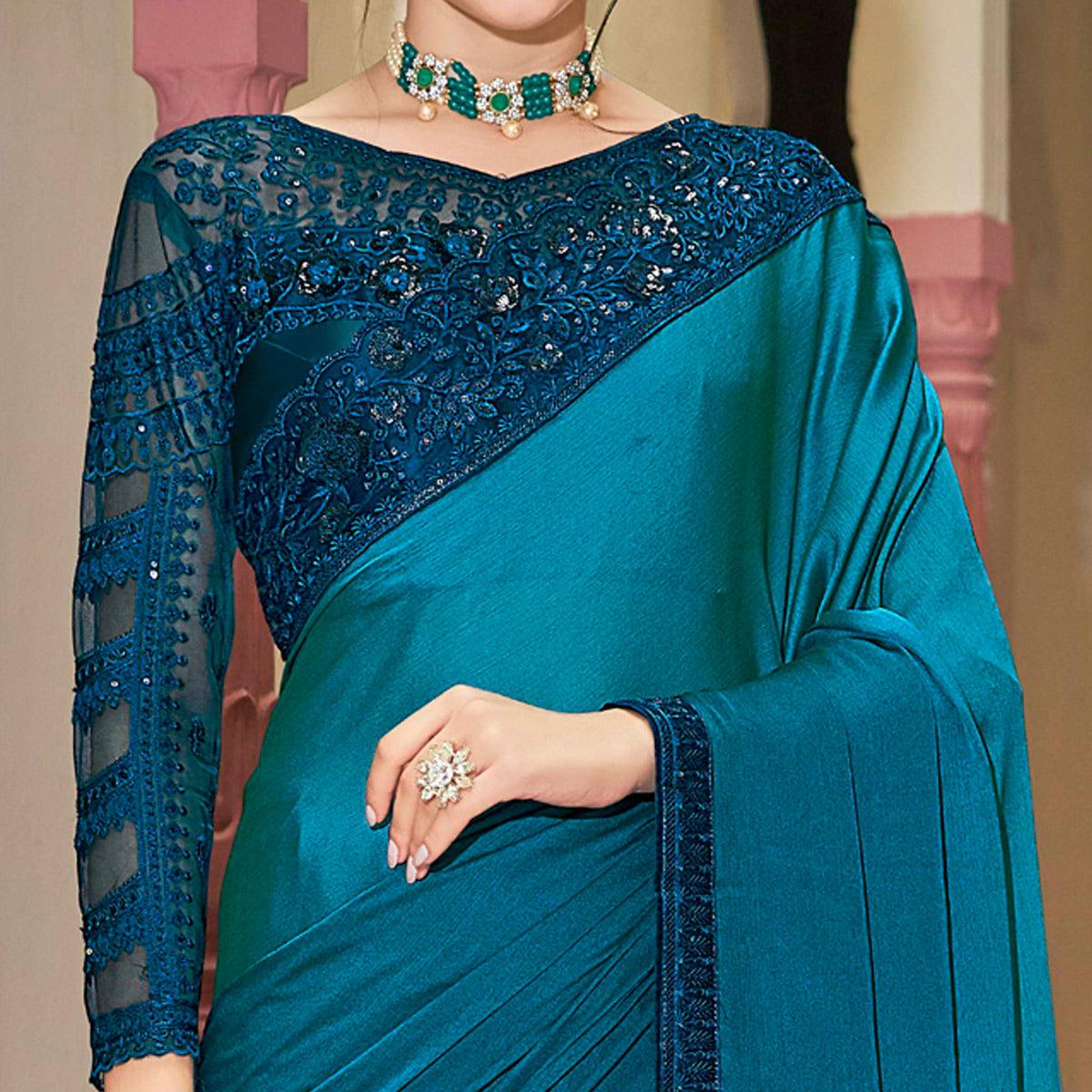 Teal Blue Floral Sequence Embroidered Art Silk Saree - Peachmode