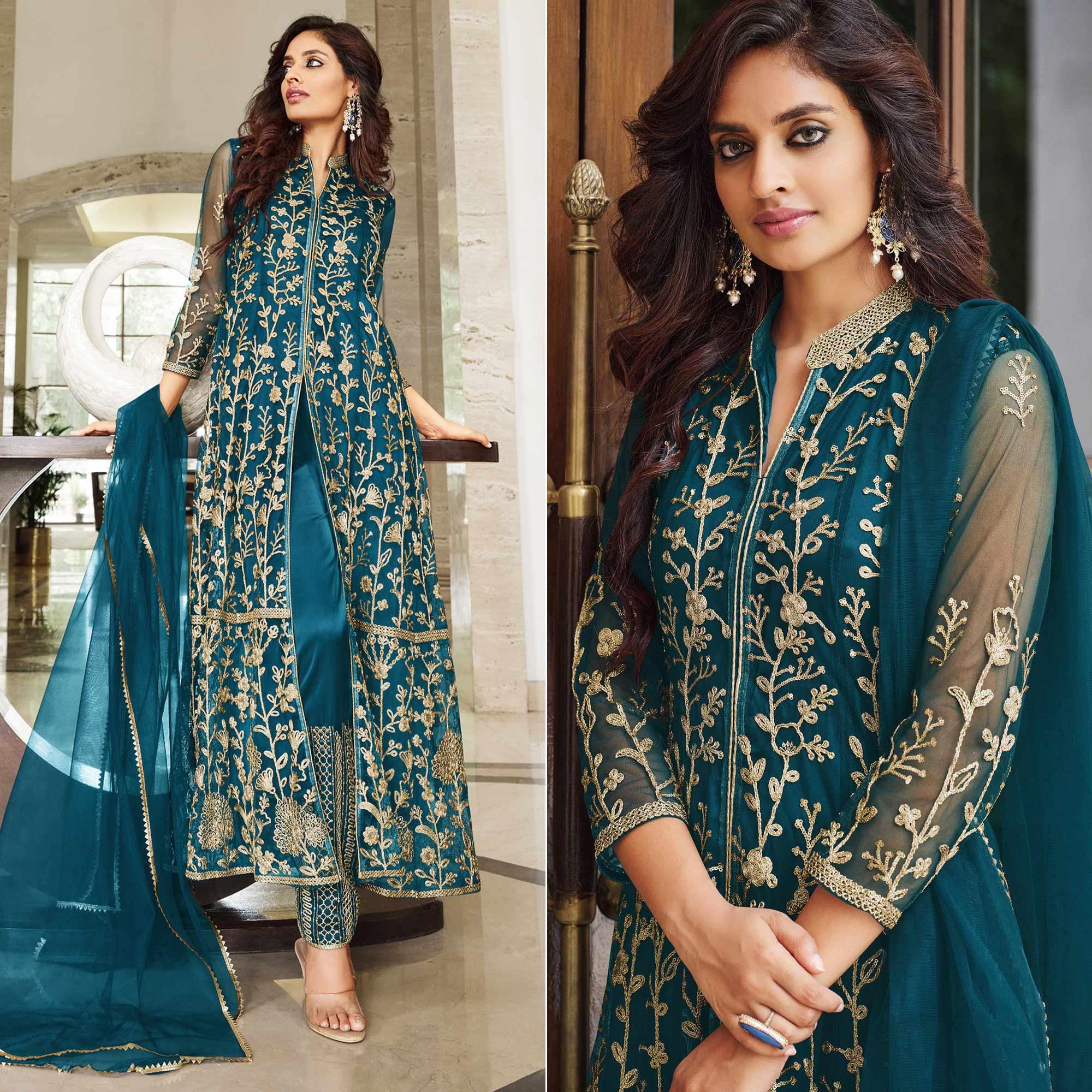 Teal Blue Floral Sequence Embroidered Net Suit - Peachmode