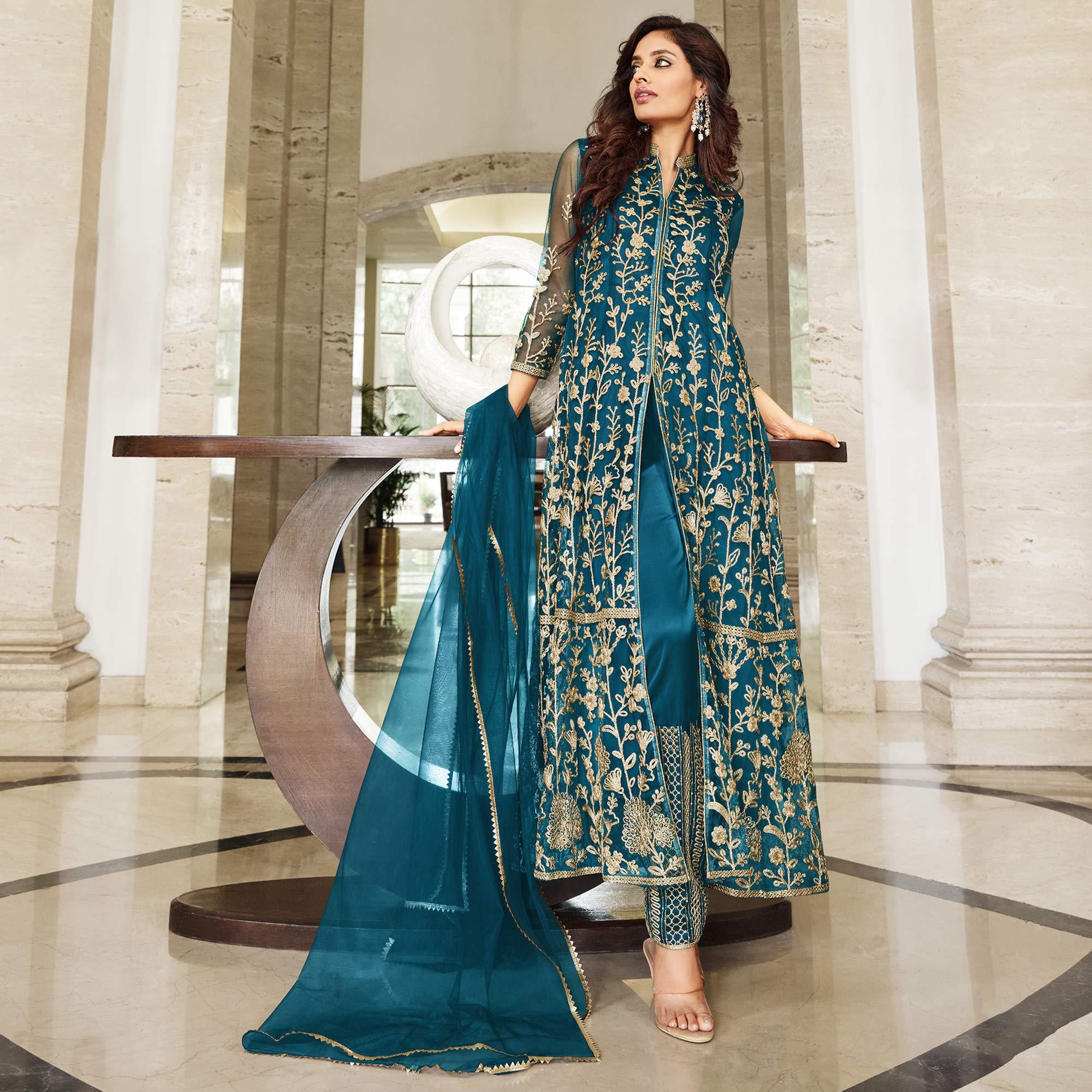 Teal Blue Floral Sequence Embroidered Net Suit - Peachmode