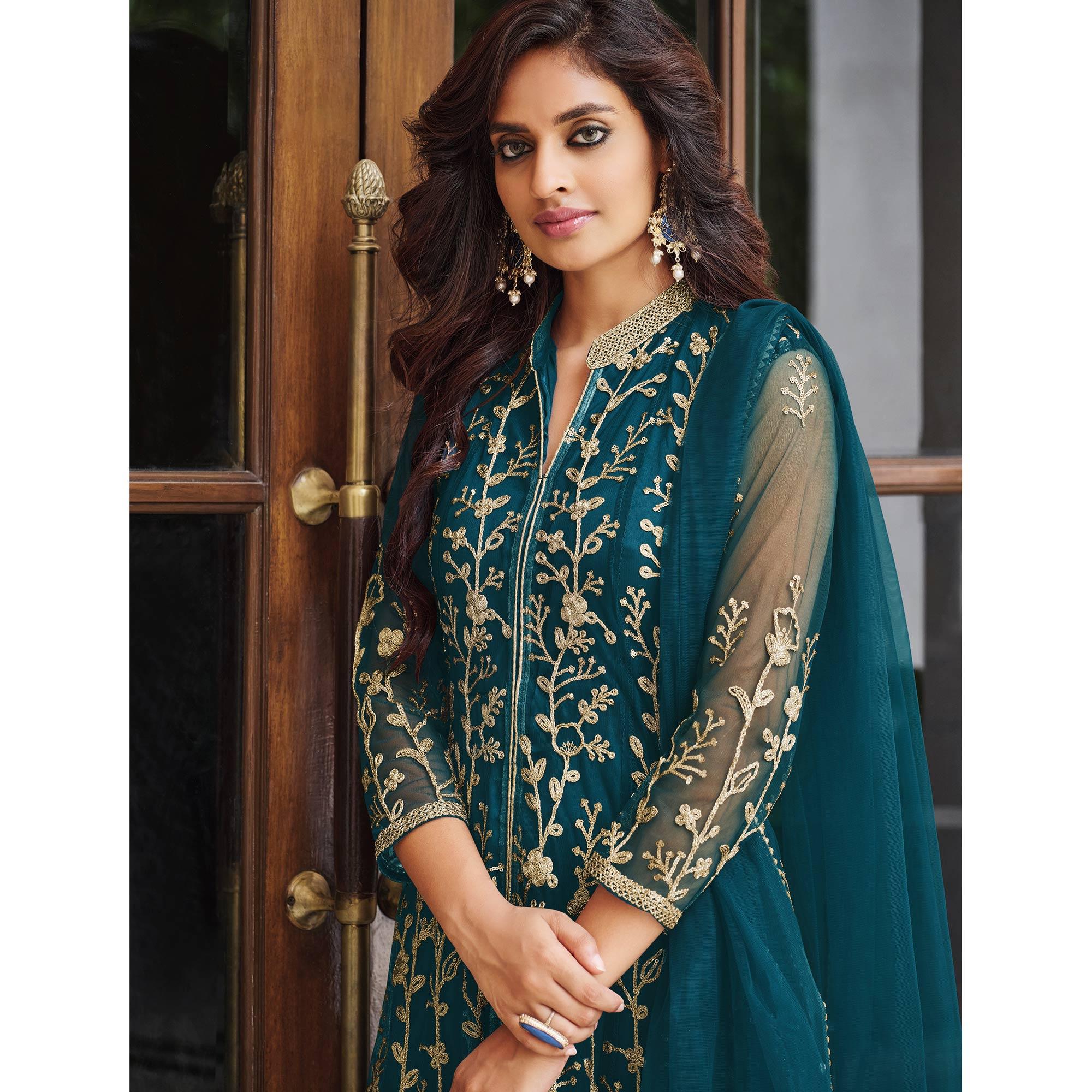 Teal Blue Floral Sequence Embroidered Net Suit - Peachmode