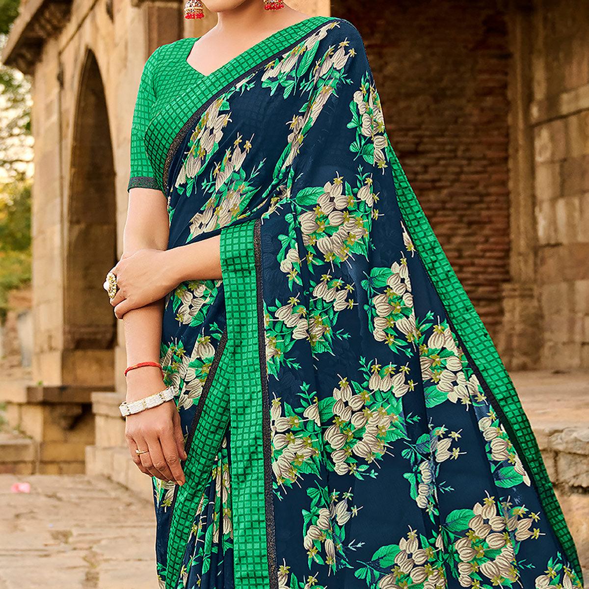 Teal Blue Foil Printed Georgette Saree - Peachmode