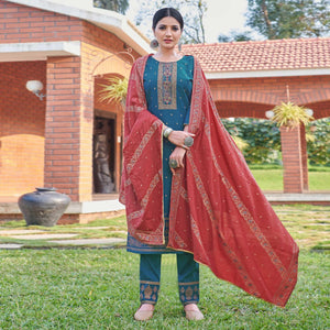 Teal Blue Foil Printed Rayon Silk Partywear Suit - Peachmode