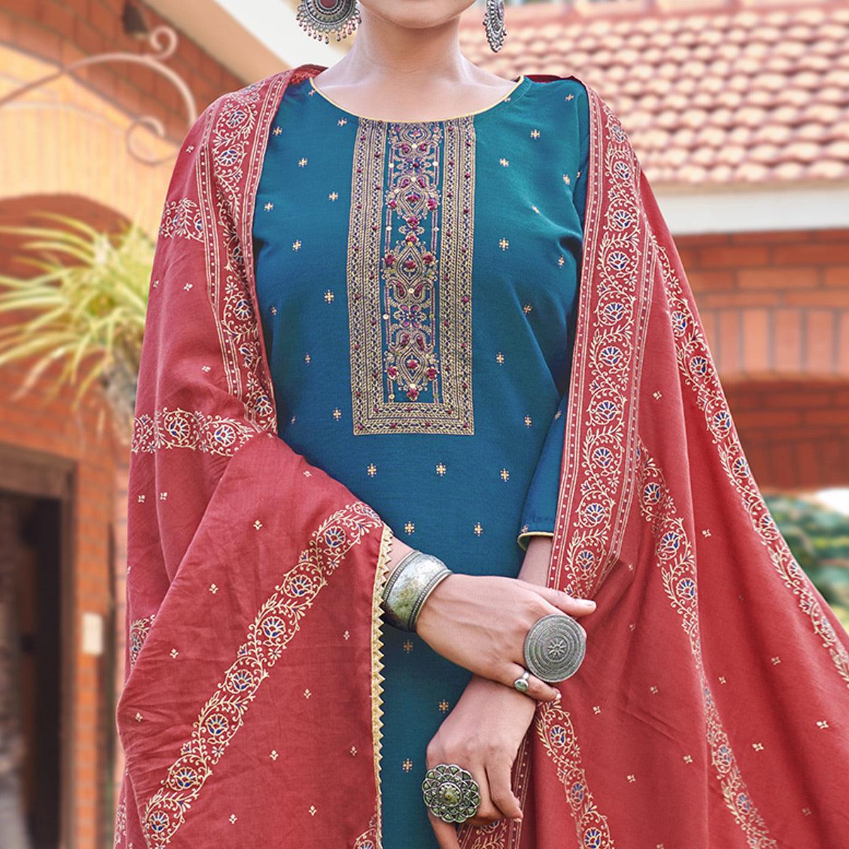 Teal Blue Foil Printed Rayon Silk Partywear Suit - Peachmode