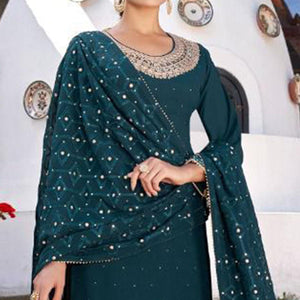 Teal Blue Party Wear Heavy Embroidered Georgette Suit - Peachmode