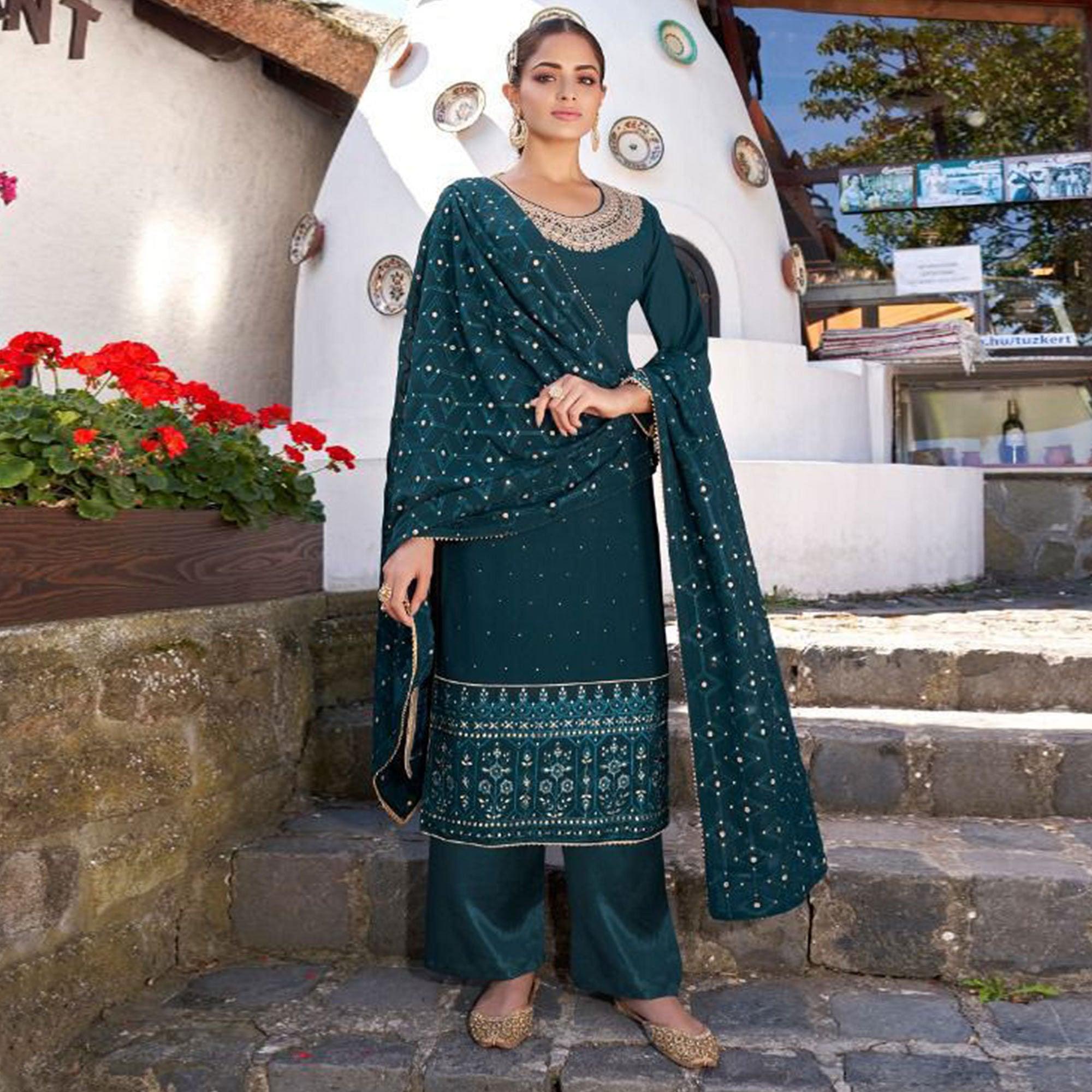Teal Blue Party Wear Heavy Embroidered Georgette Suit - Peachmode