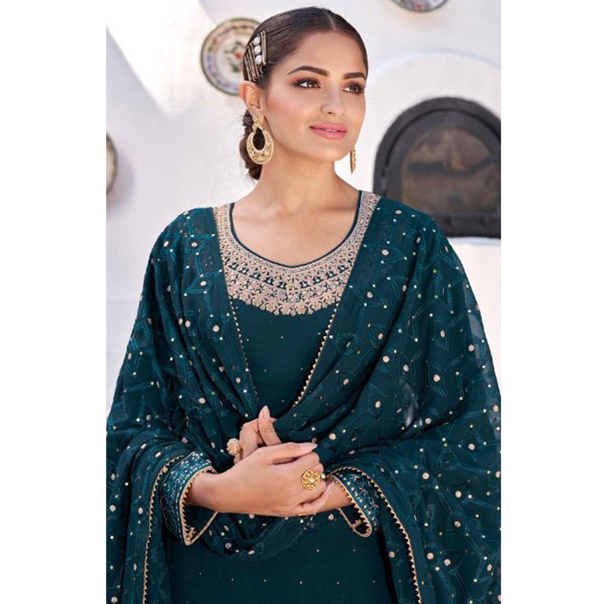 Teal Blue Party Wear Heavy Embroidered Georgette Suit - Peachmode