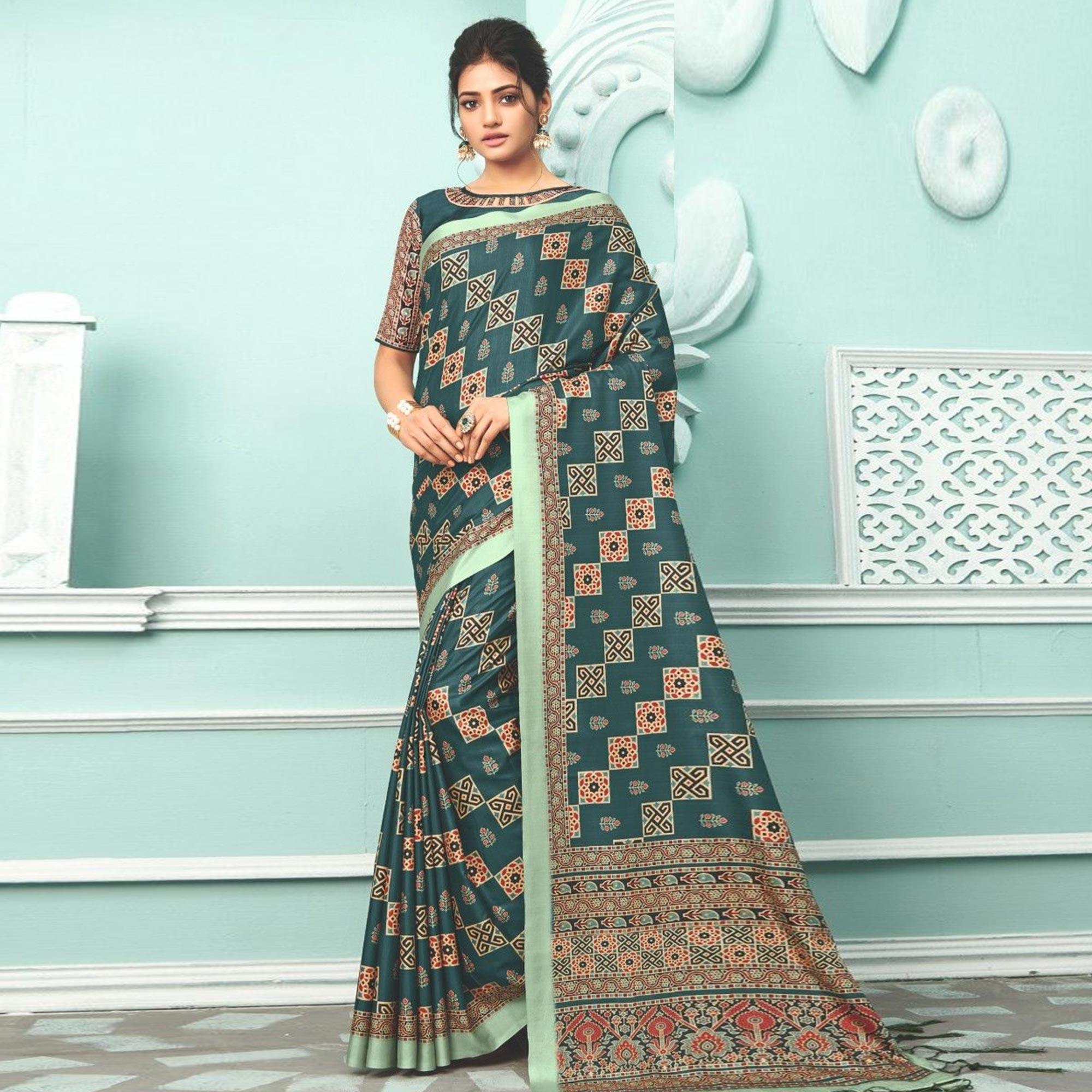 Teal Blue Party Wear Satin Printed Saree With Unstitched Blouse - Peachmode