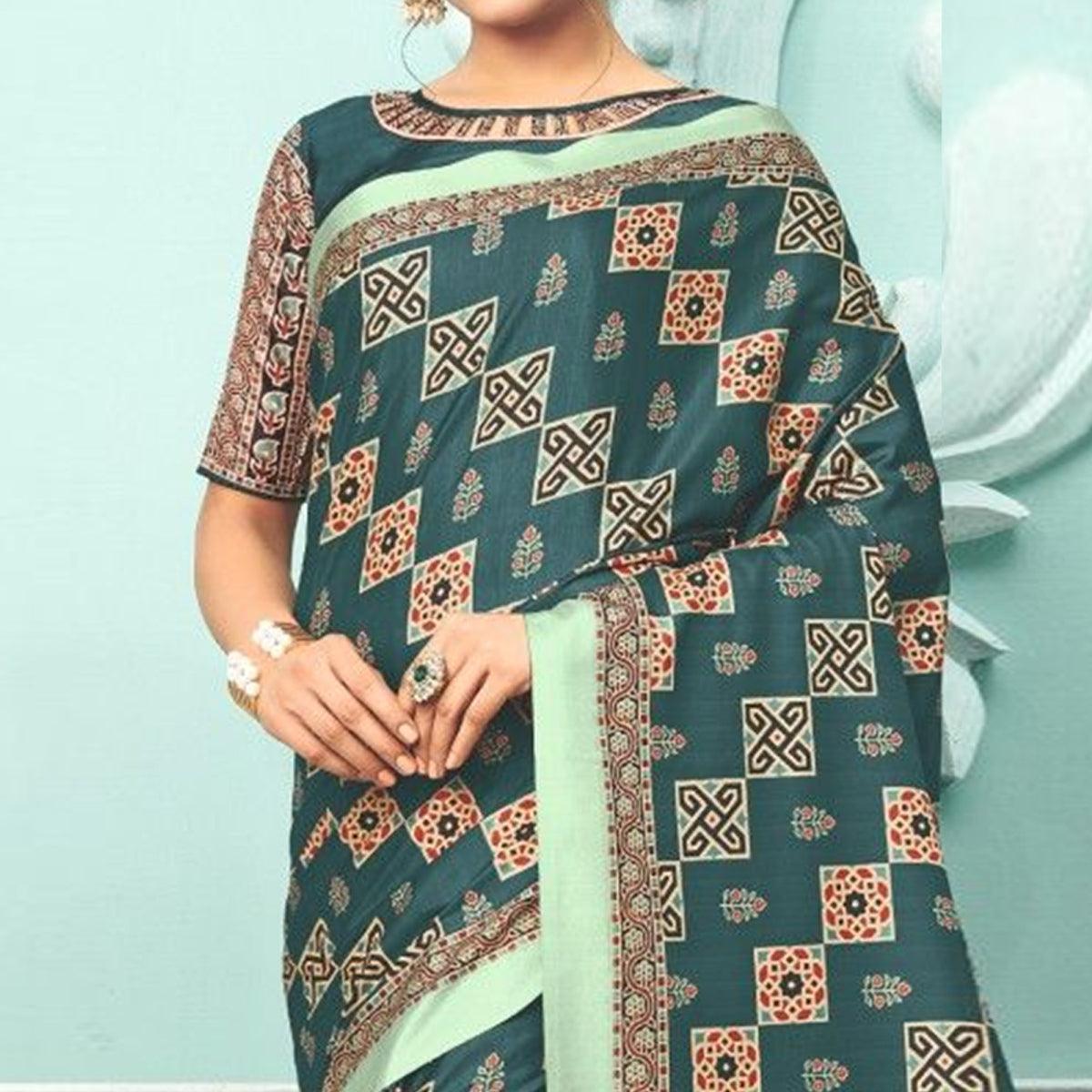 Teal Blue Party Wear Satin Printed Saree With Unstitched Blouse - Peachmode