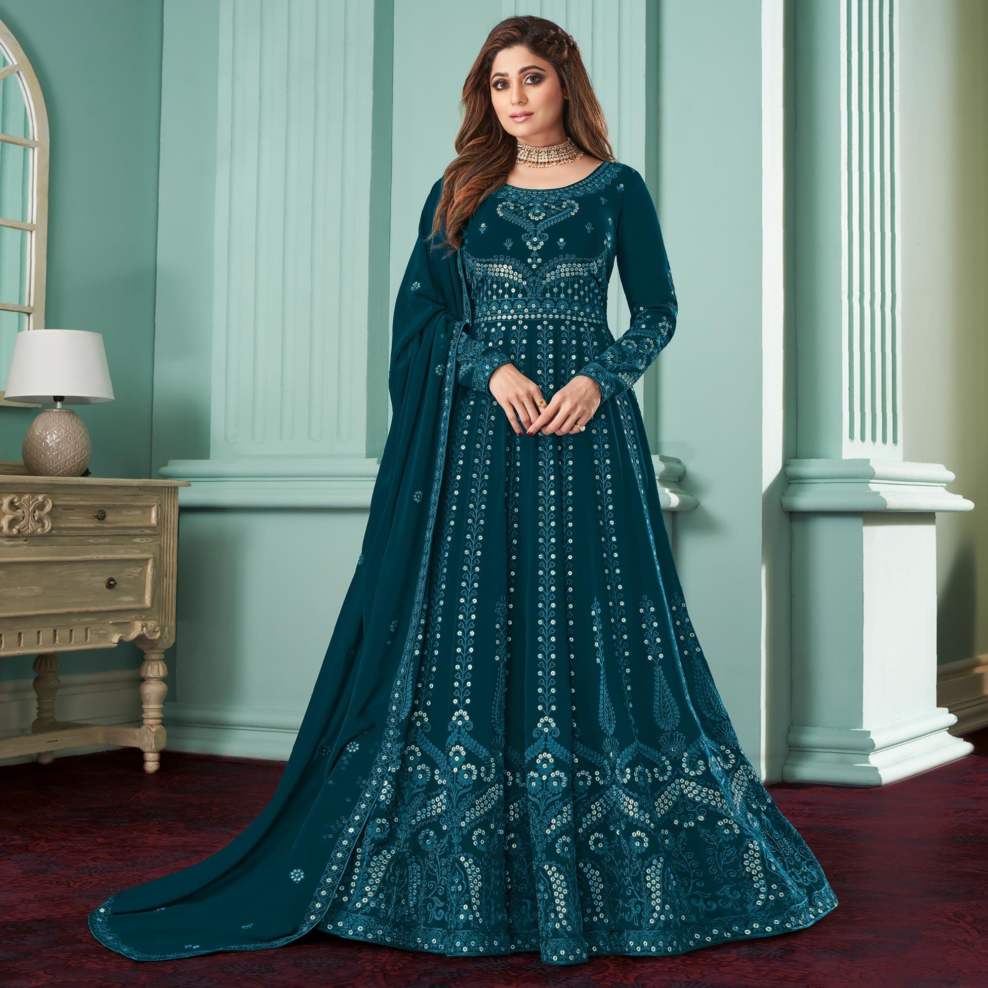 Teal Blue Partywear Embroidered Georgette Gown - Peachmode