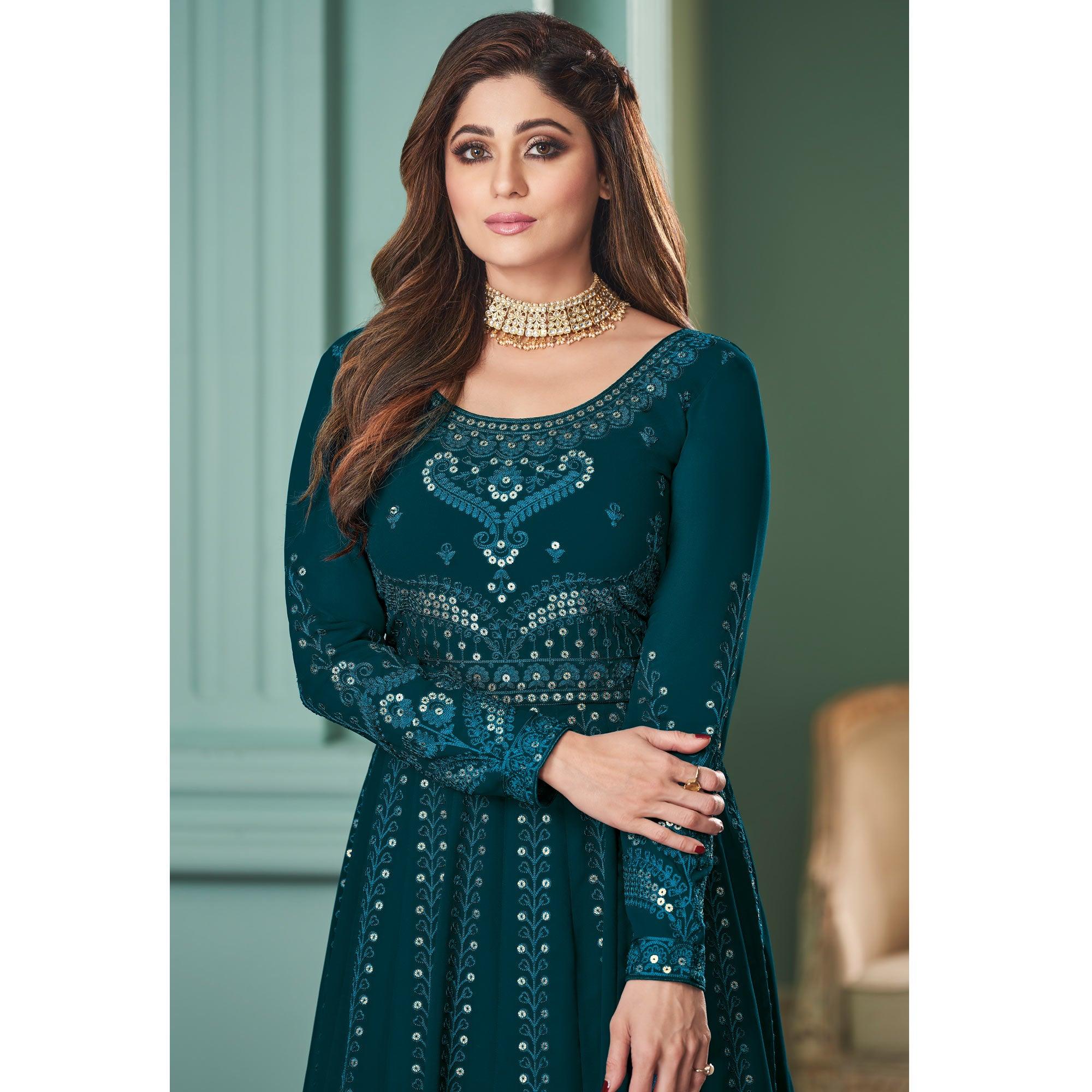 Teal Blue Partywear Embroidered Georgette Gown - Peachmode