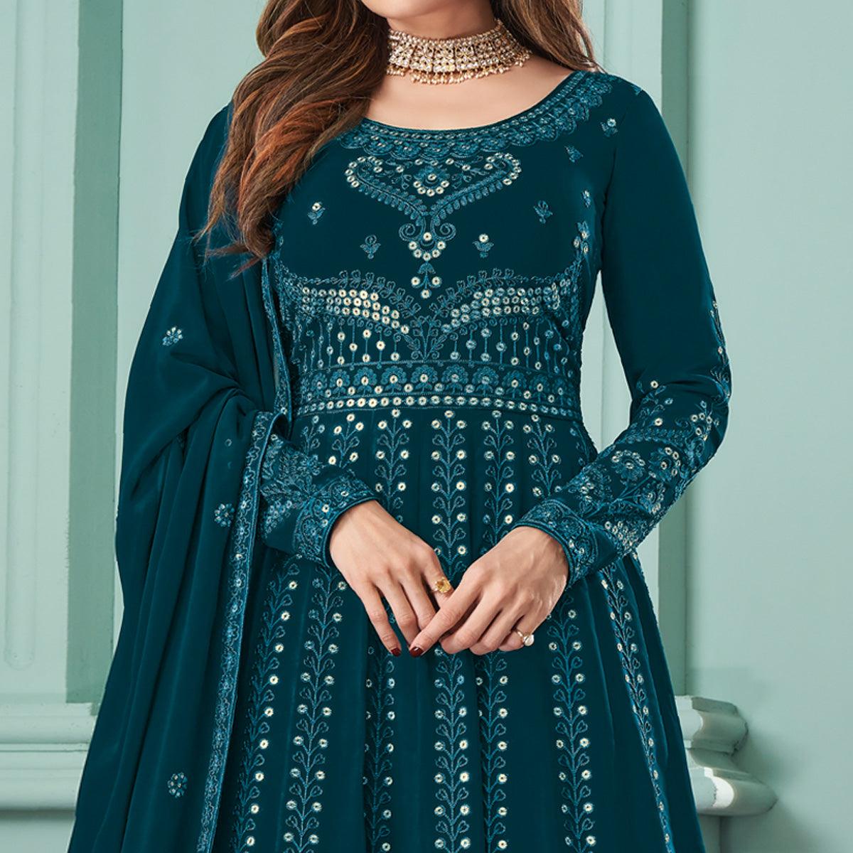 Teal Blue Partywear Embroidered Georgette Gown - Peachmode