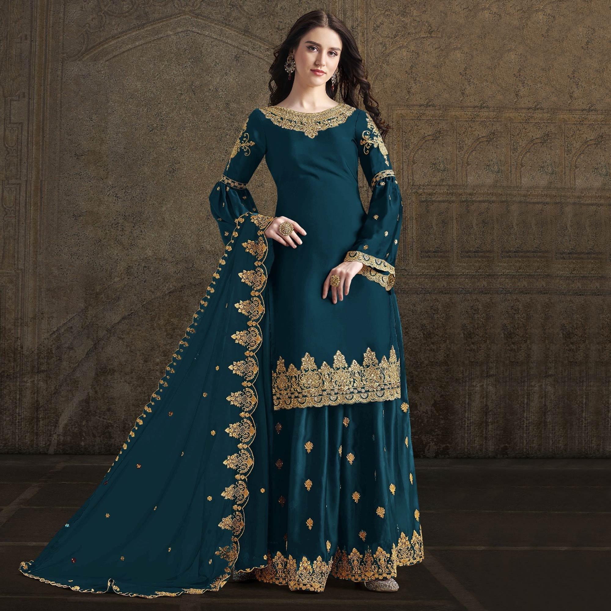 Teal Blue Partywear Embroidered Rangoli Georgette Palazzo Suit - Peachmode