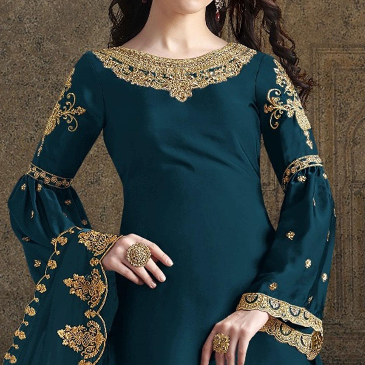 Teal Blue Partywear Embroidered Rangoli Georgette Palazzo Suit - Peachmode