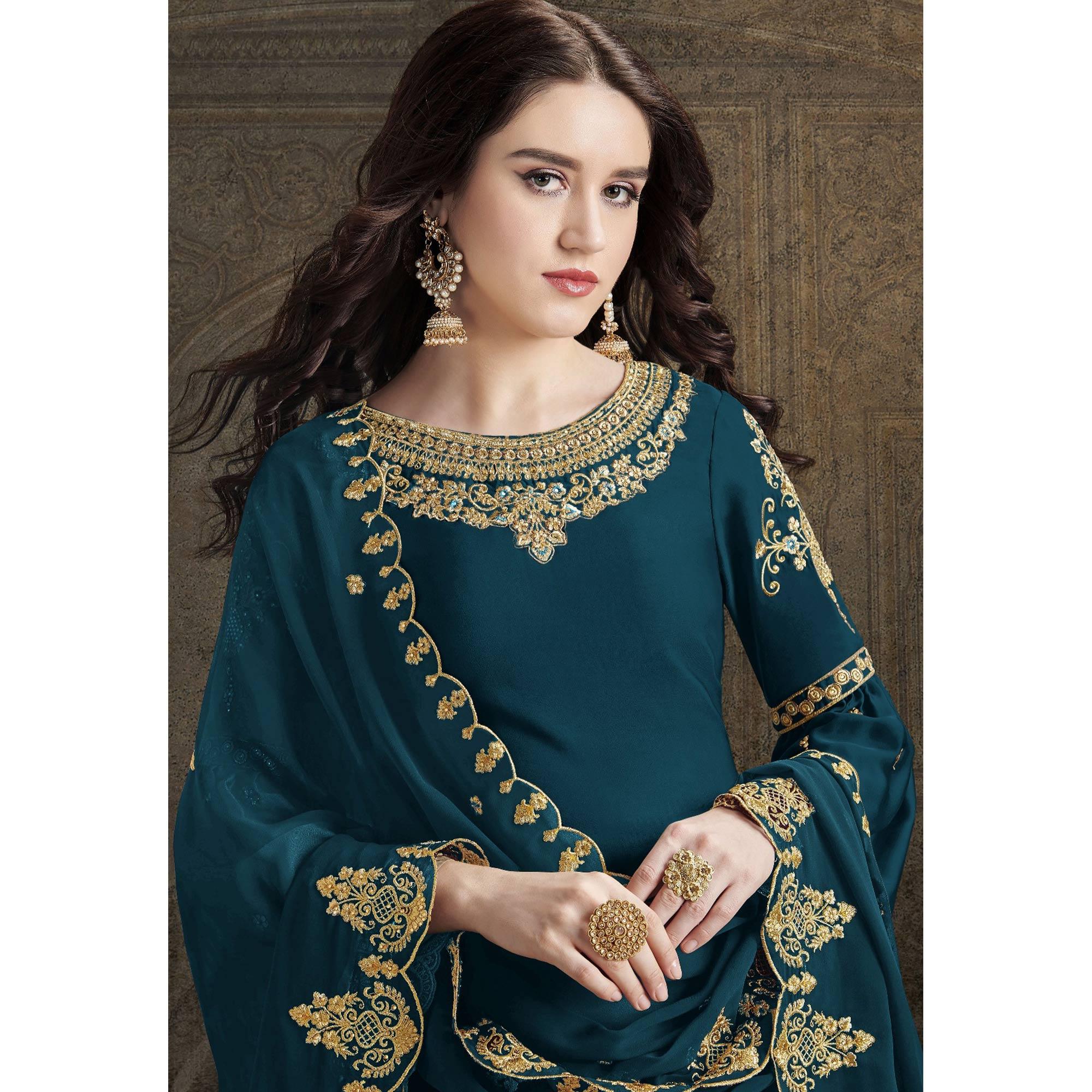 Teal Blue Partywear Embroidered Rangoli Georgette Palazzo Suit - Peachmode