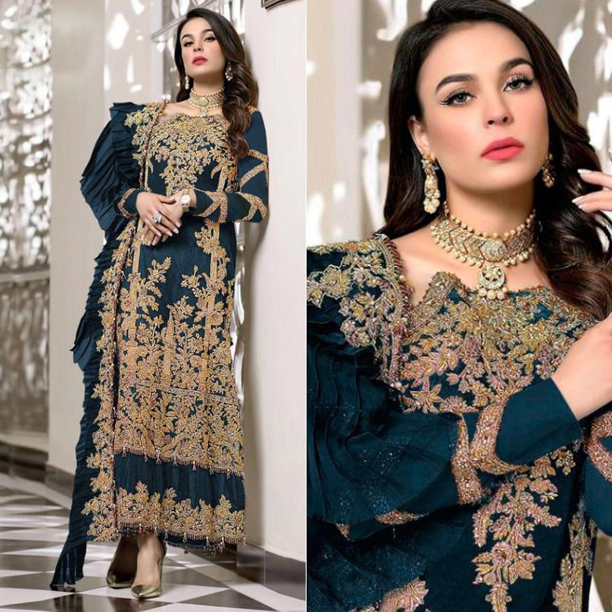 Teal Blue Partywear Embroidered Resham Work Georgette Pakistani Suit - Peachmode