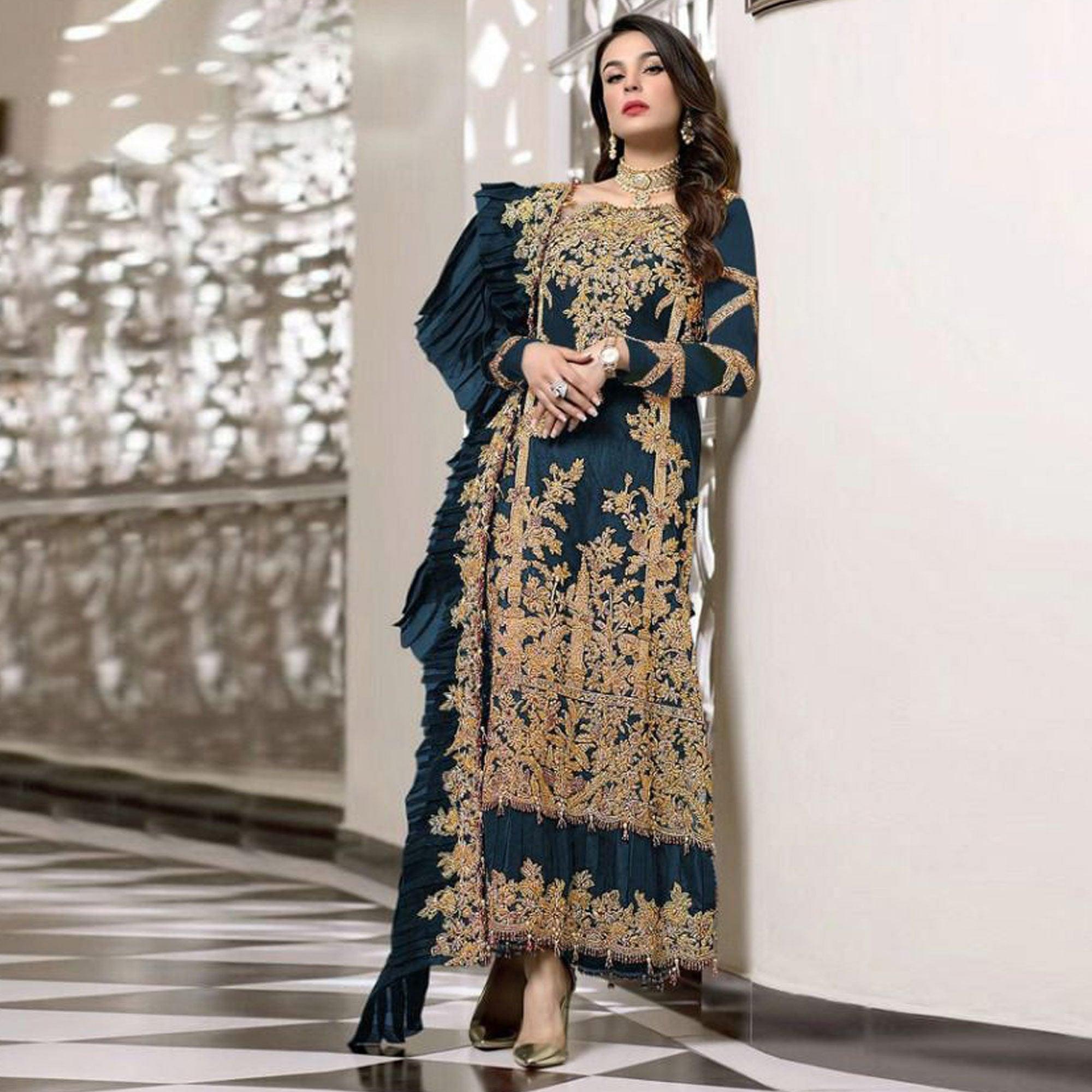 Teal Blue Partywear Embroidered Resham Work Georgette Pakistani Suit - Peachmode