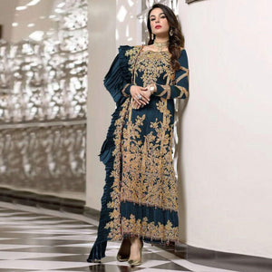 Teal Blue Partywear Embroidered Resham Work Georgette Pakistani Suit - Peachmode