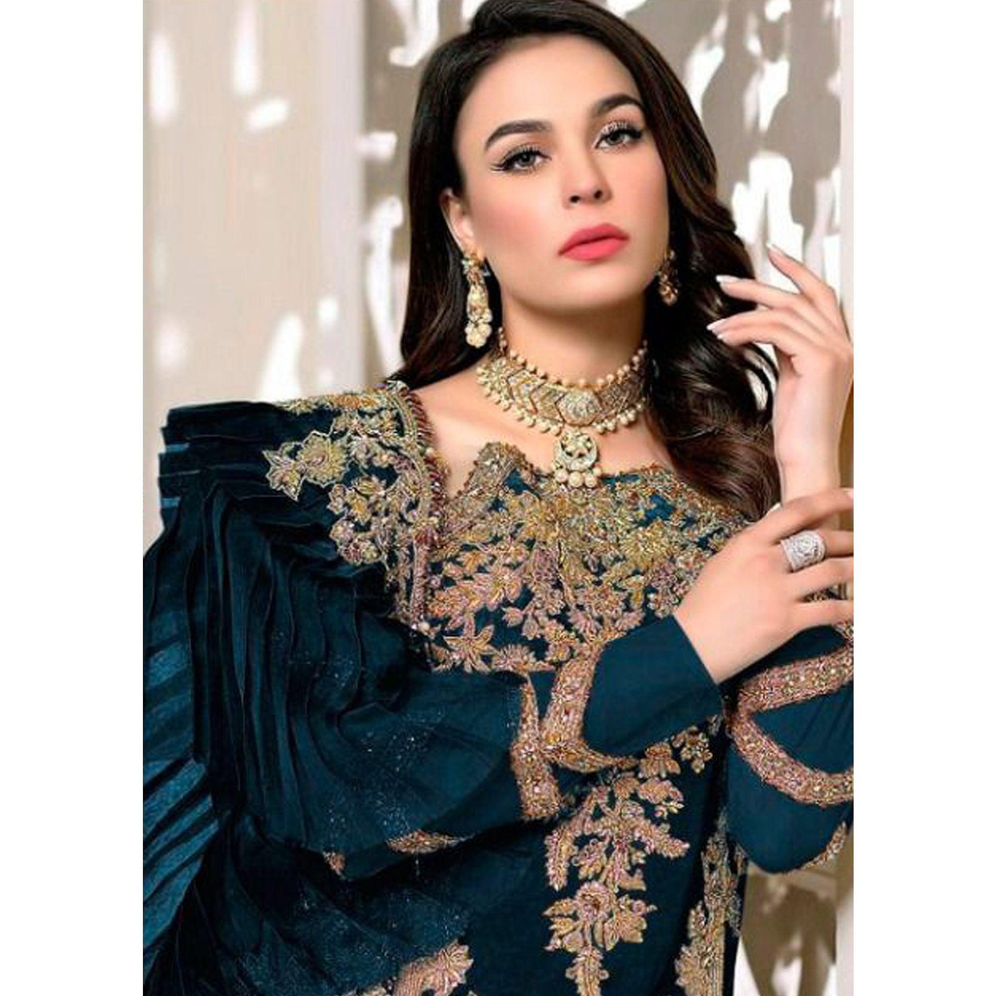 Teal Blue Partywear Embroidered Resham Work Georgette Pakistani Suit - Peachmode