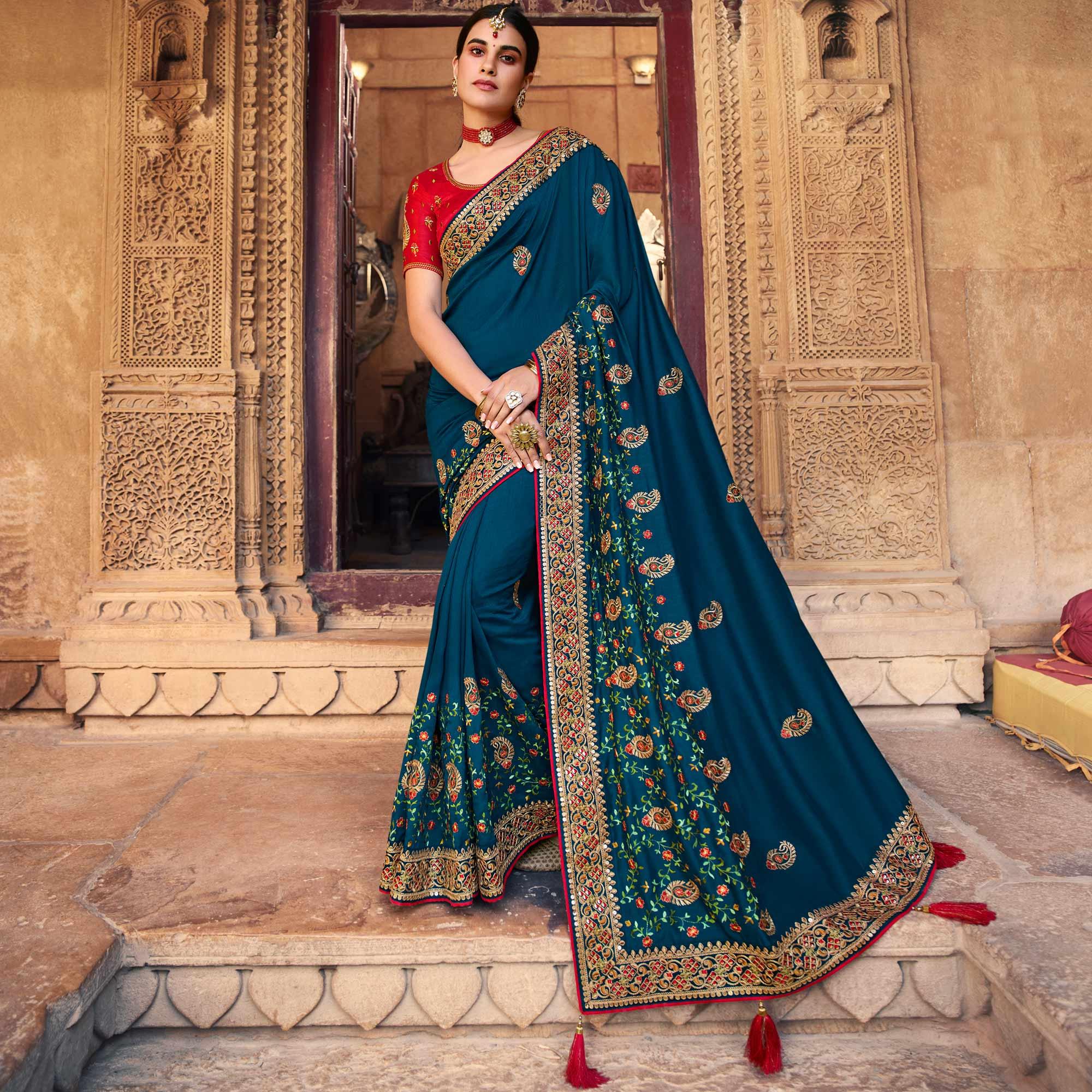Teal Blue Partywear Embroidered Silk Saree - Peachmode