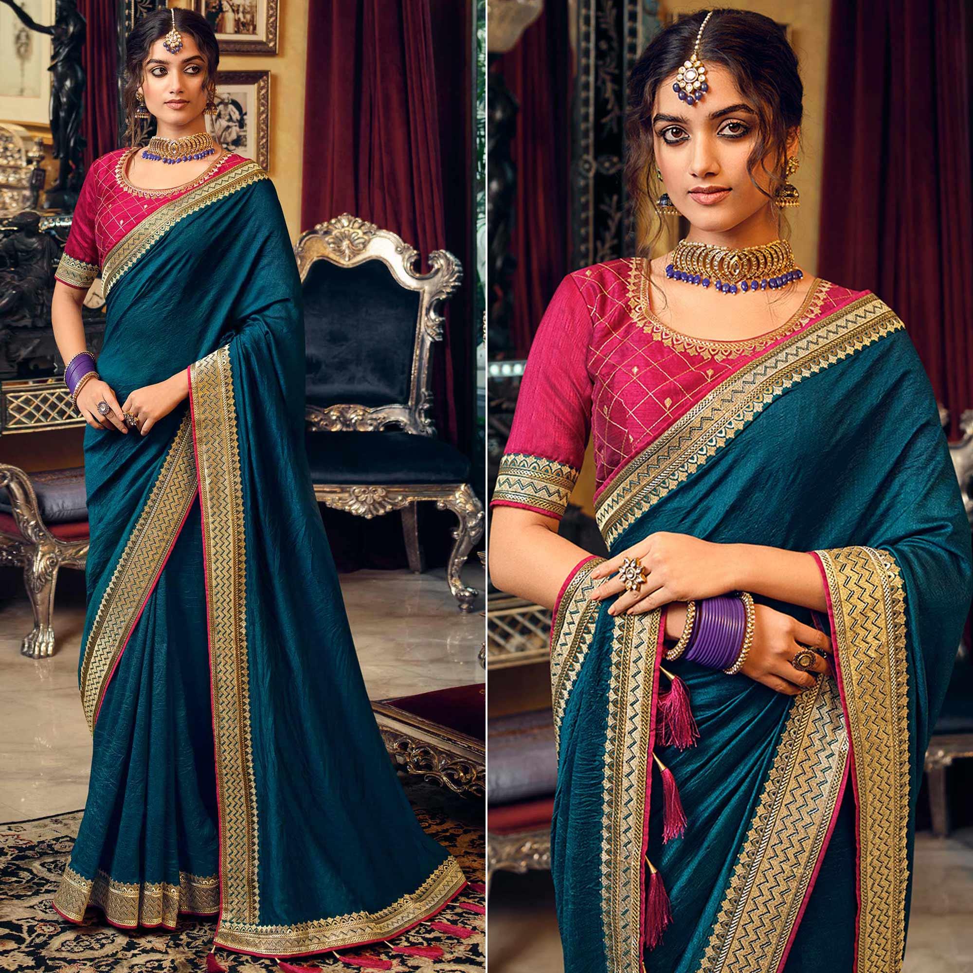 Teal Blue Partywear Embroidered Silk Saree - Peachmode
