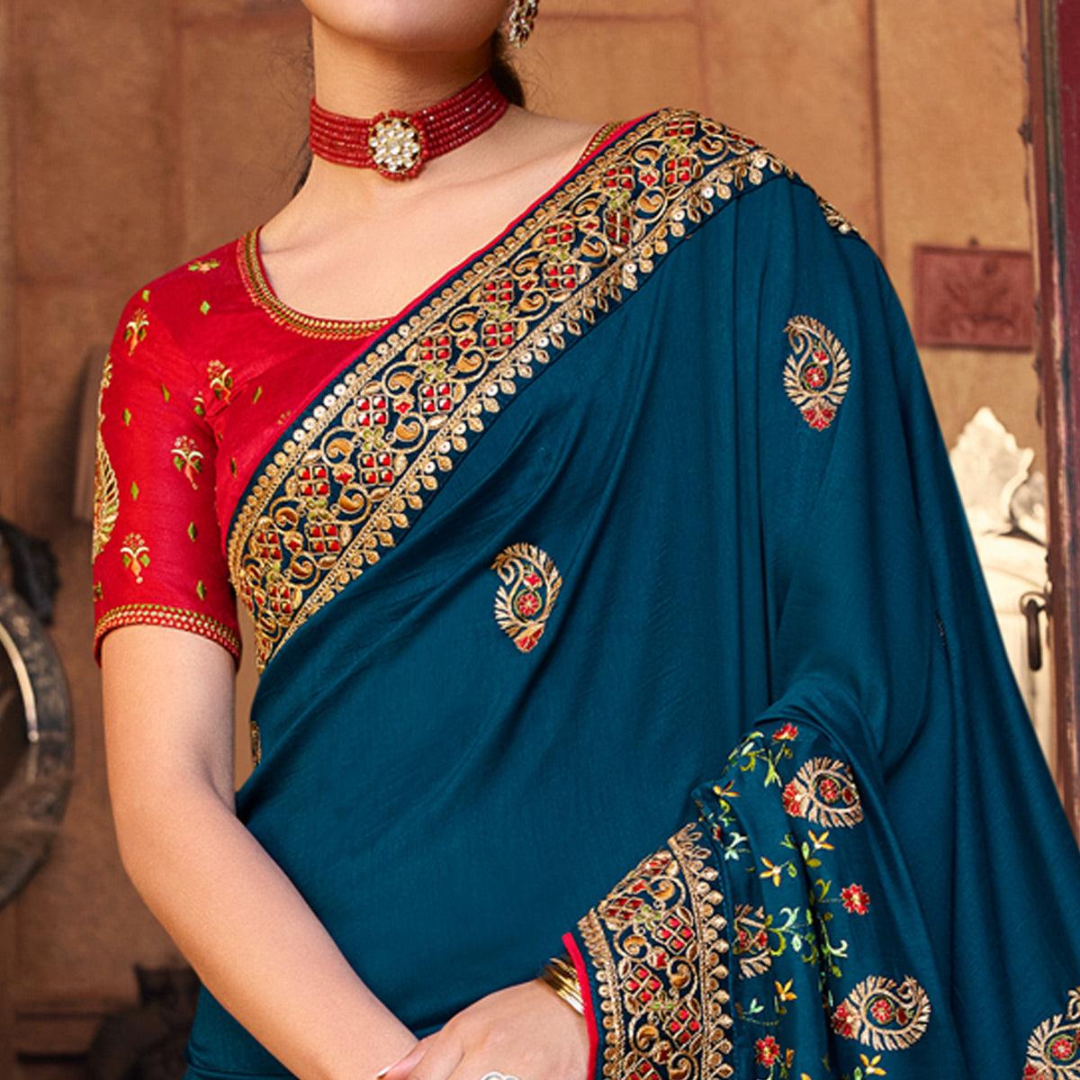 Teal Blue Partywear Embroidered Silk Saree - Peachmode