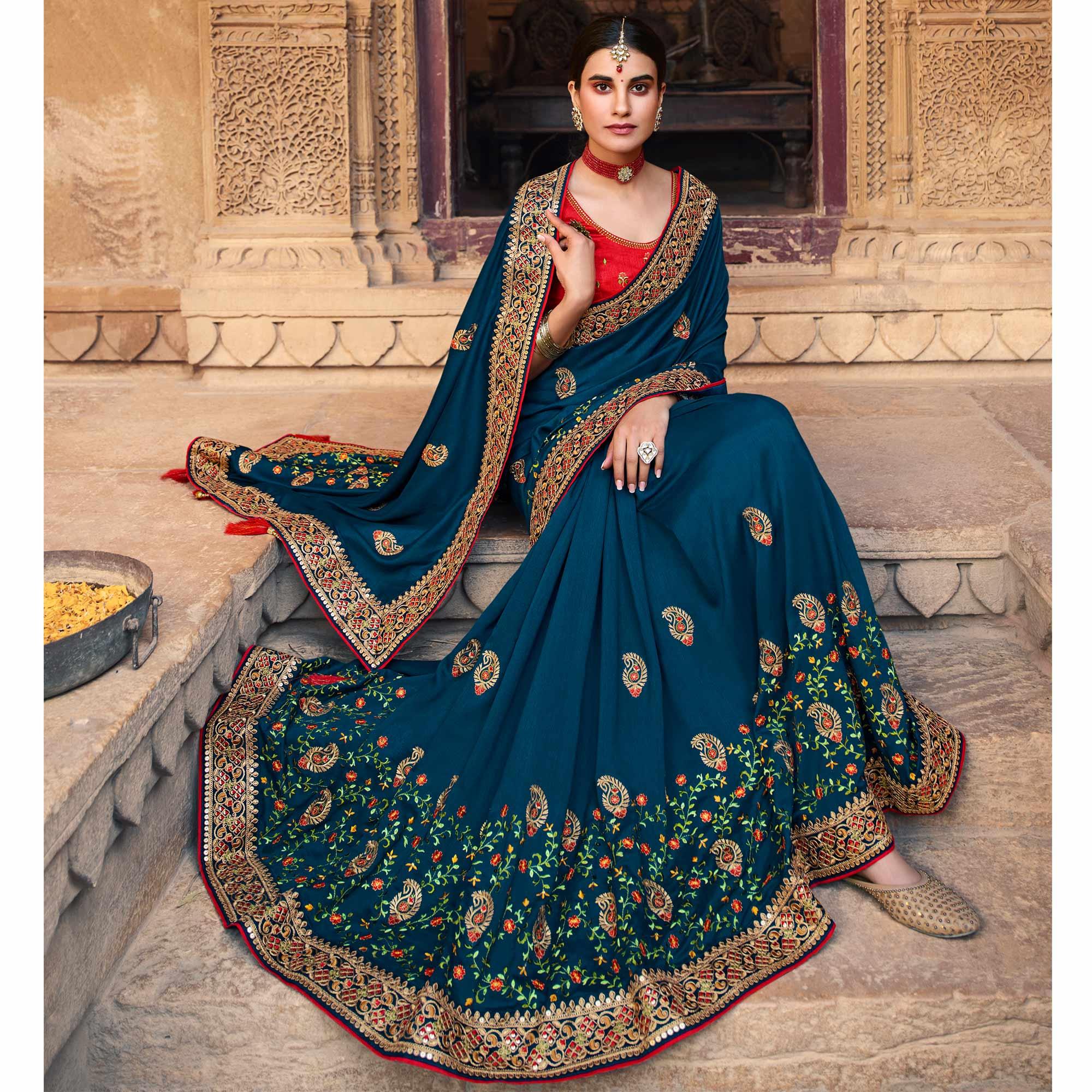 Teal Blue Partywear Embroidered Silk Saree - Peachmode