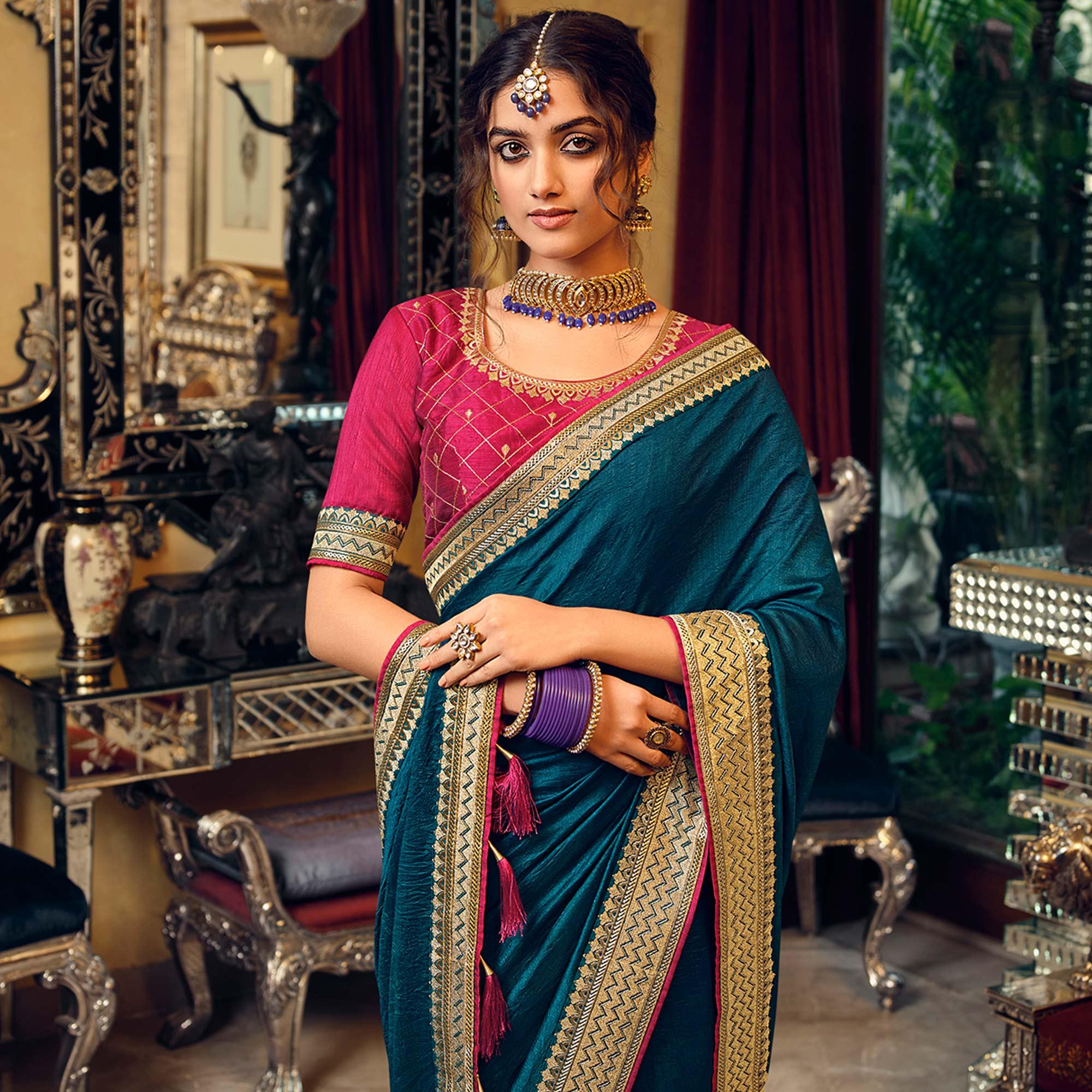 Teal Blue Partywear Embroidered Silk Saree - Peachmode