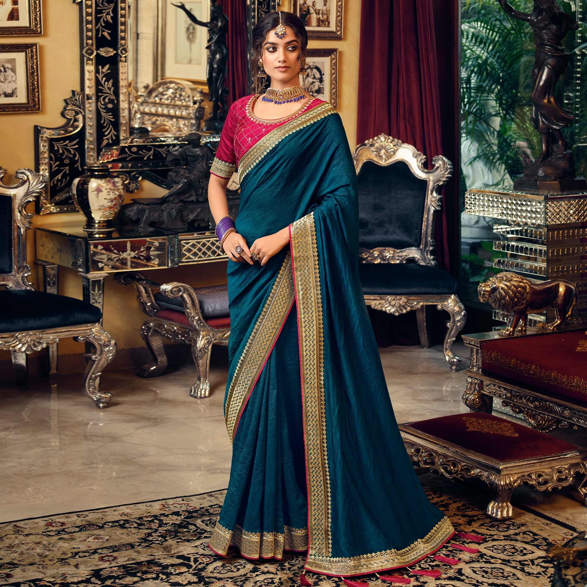 Teal Blue Partywear Embroidered Silk Saree - Peachmode