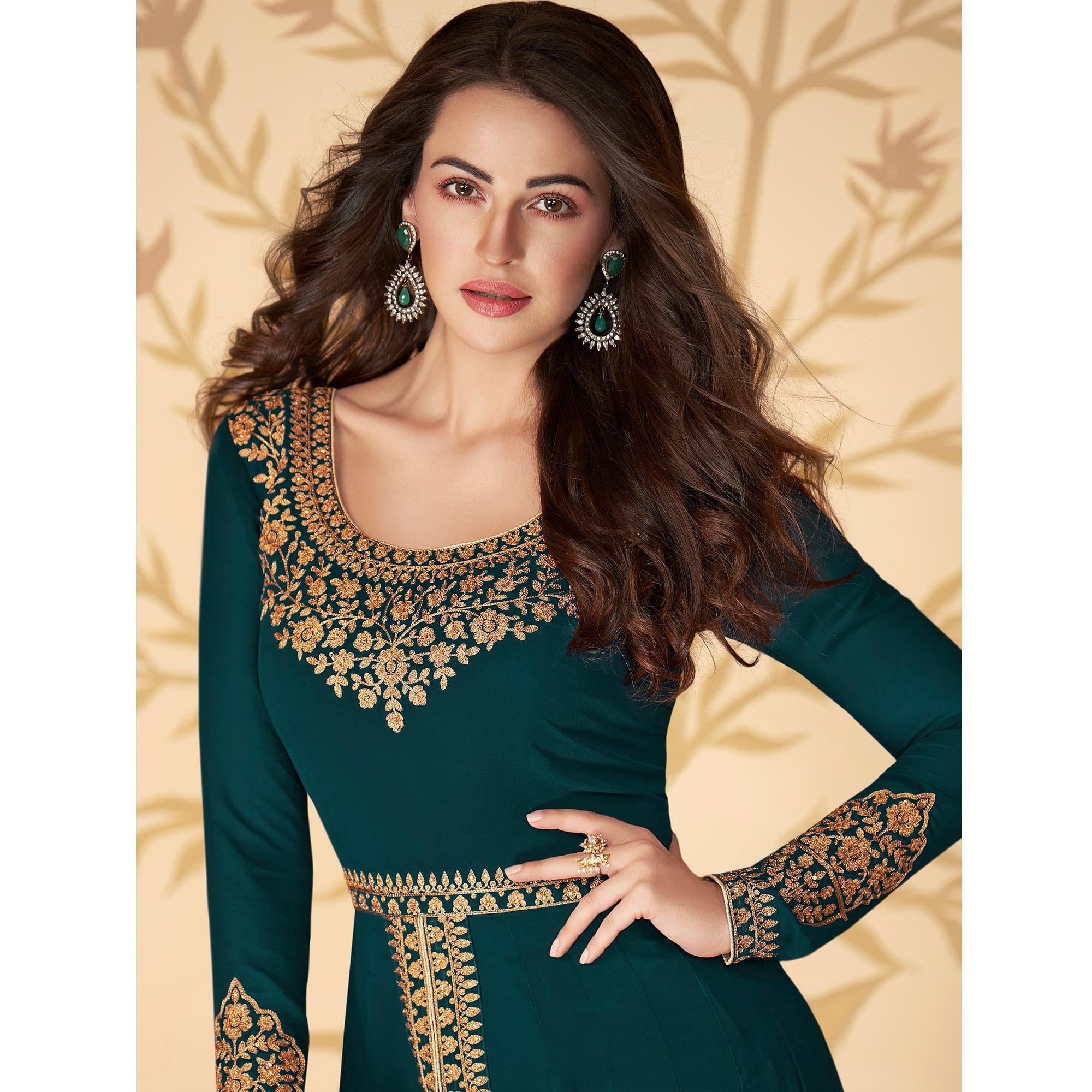 Teal Blue Partywear Floral Embroidered Georgette Suit - Peachmode