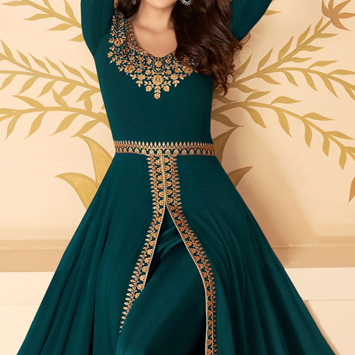 Teal Blue Partywear Floral Embroidered Georgette Suit - Peachmode