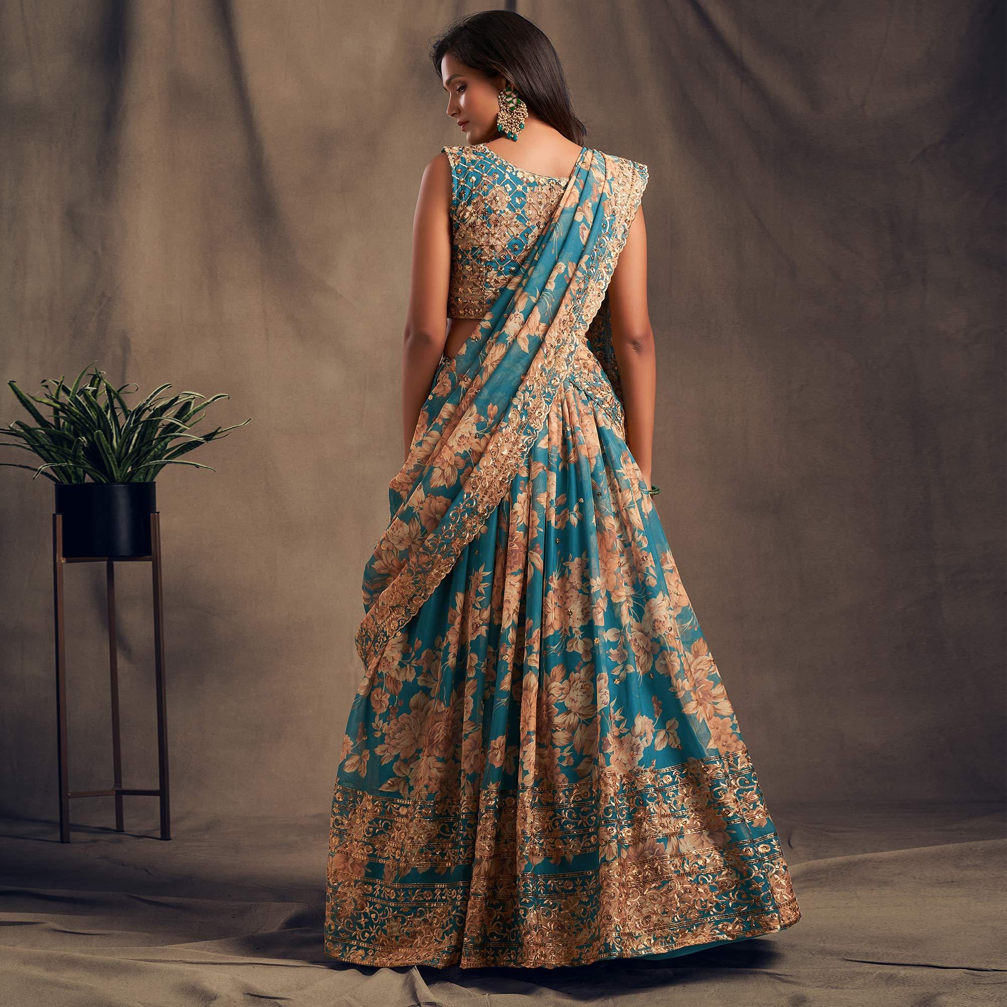 Teal Blue Partywear Floral Print With Sequin Zari Embroidered Organza Lehenga Choli - Peachmode