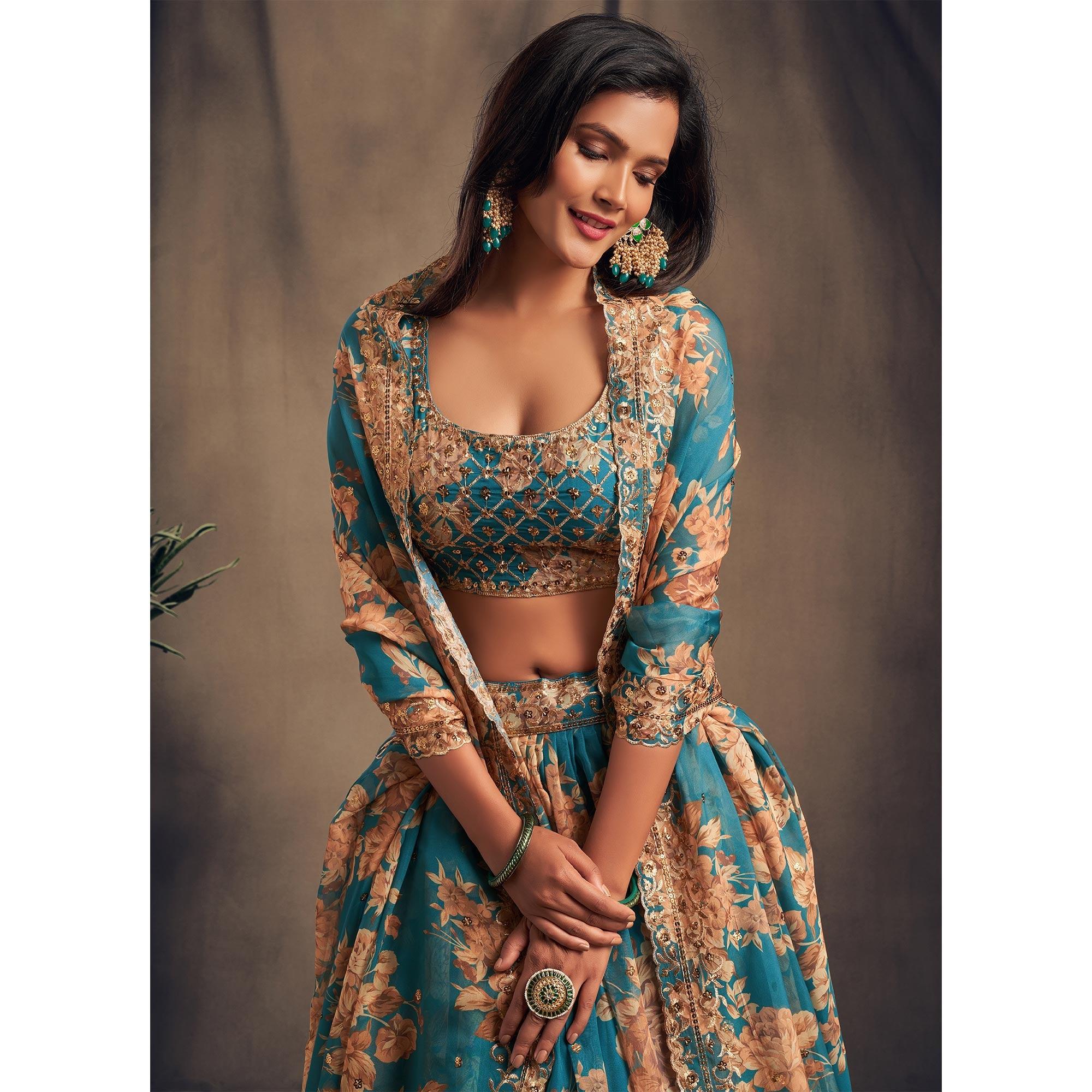 Teal Blue Partywear Floral Print With Sequin Zari Embroidered Organza Lehenga Choli - Peachmode