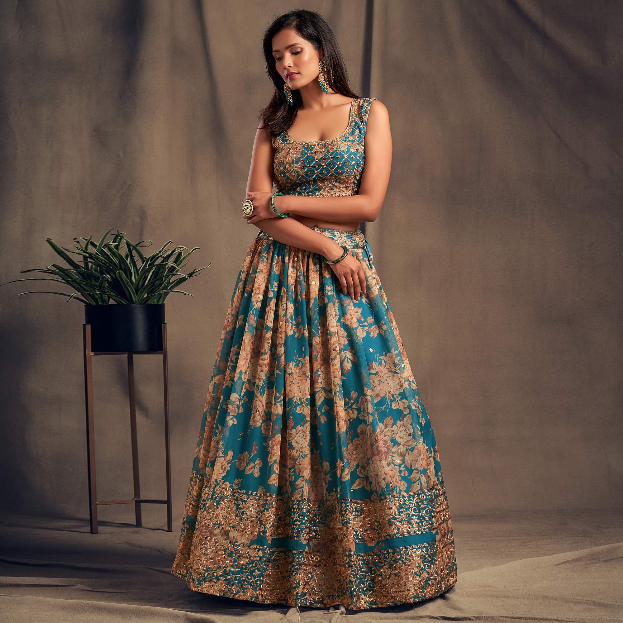 Teal Blue Partywear Floral Print With Sequin Zari Embroidered Organza Lehenga Choli - Peachmode