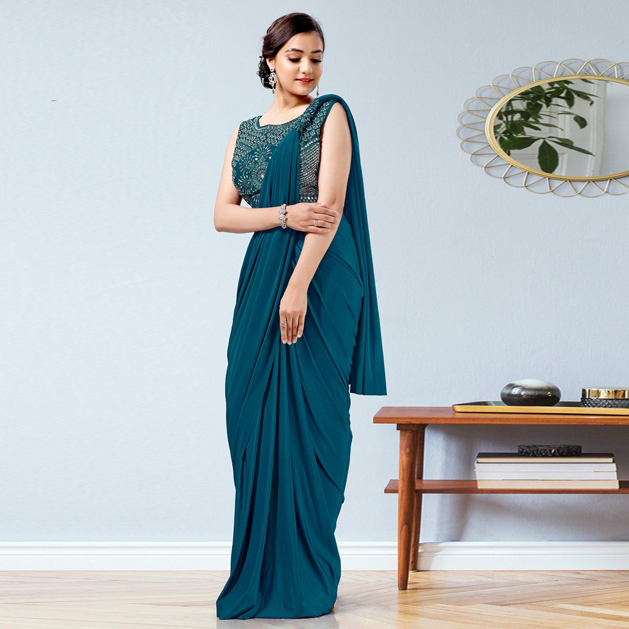 Teal Blue Partywear Frill & Sequence Art Silk Saree - Peachmode